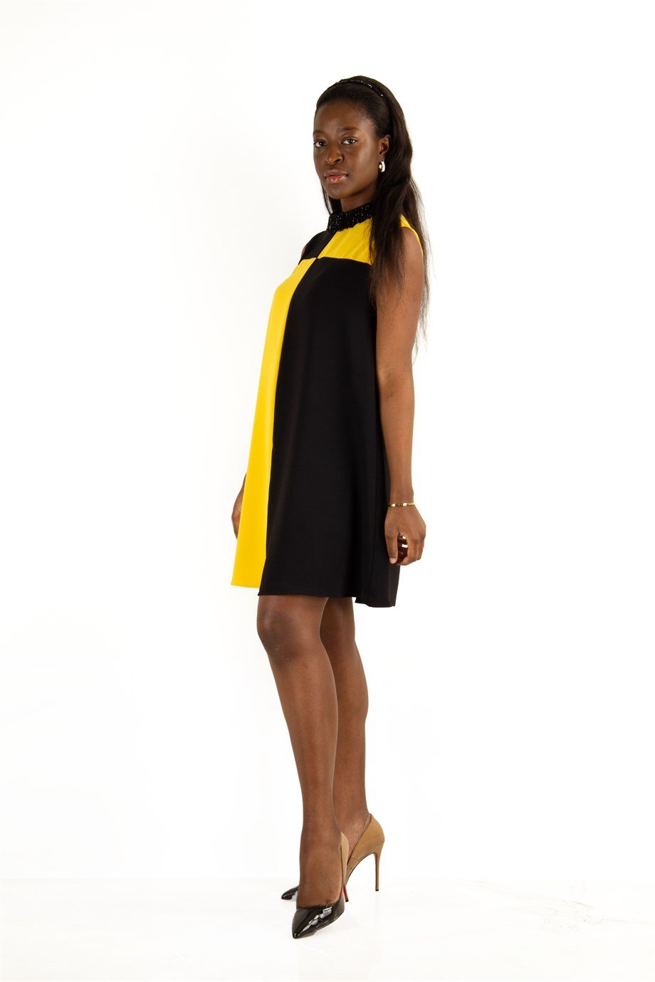 Stone Neck Sleeveless Big Size Dress - Yellow/Black