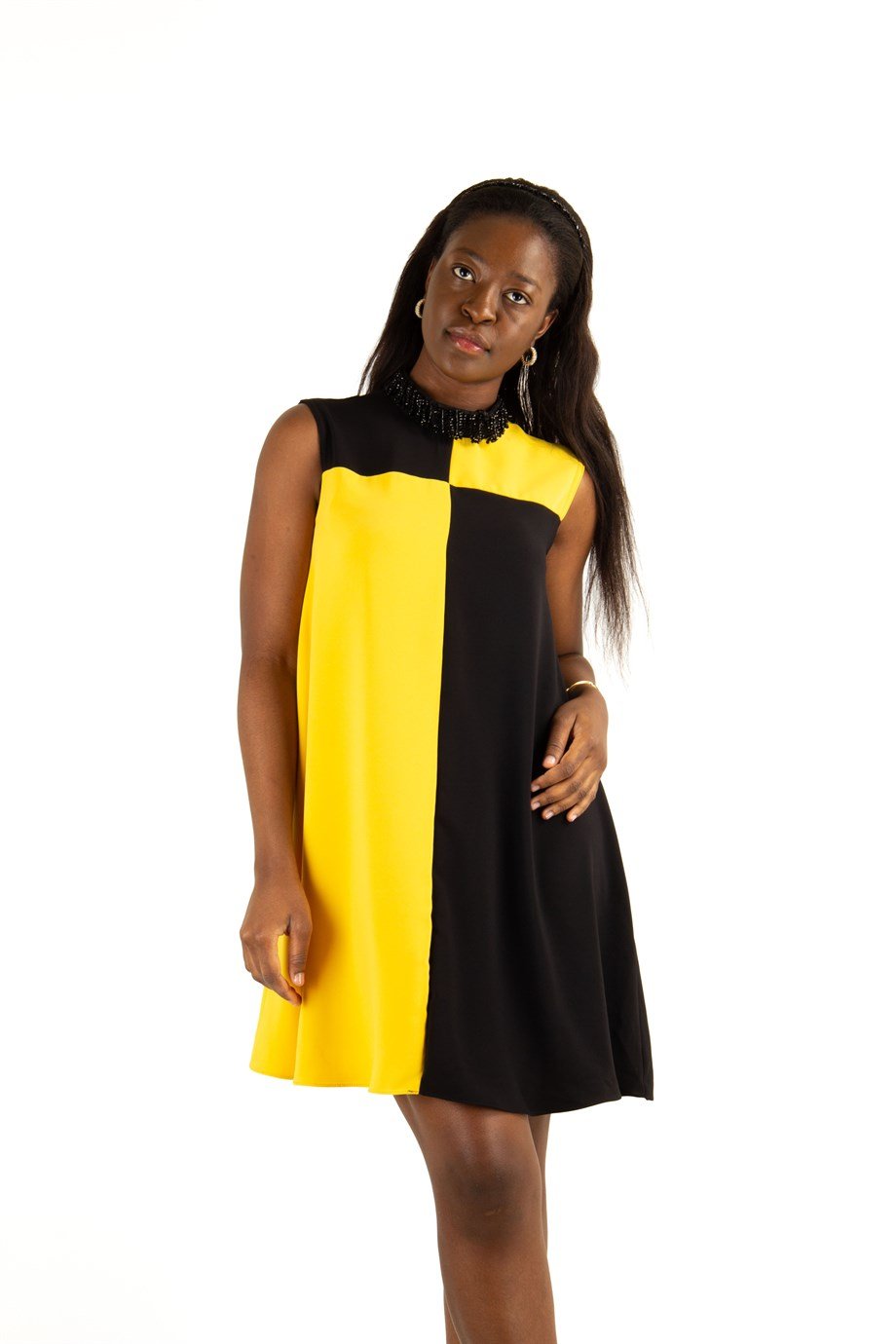 Stone Neck Sleeveless Big Size Dress - Yellow/Black