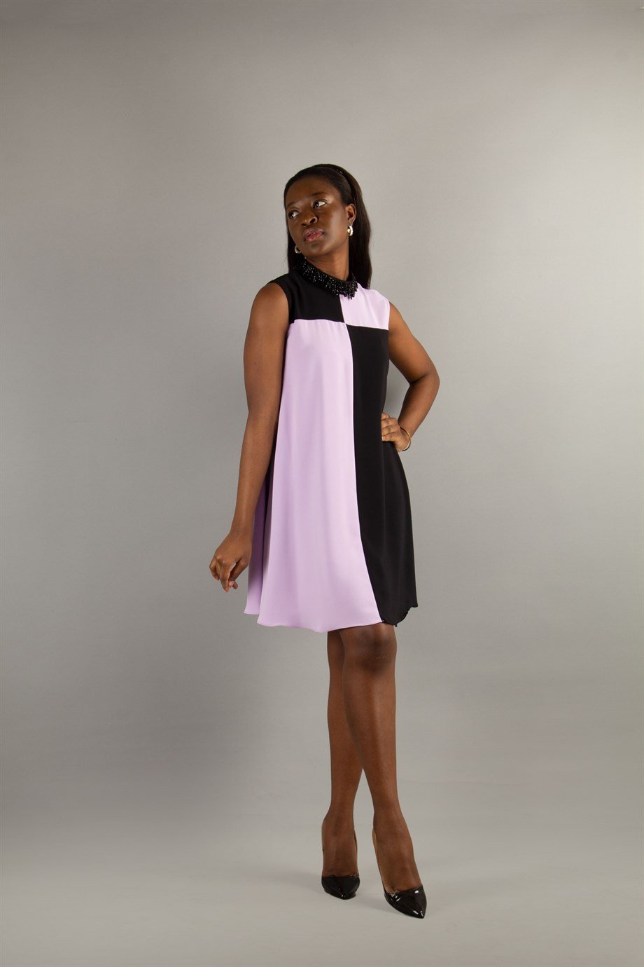Stone Neck Sleeveless Dress - Lilac/Black