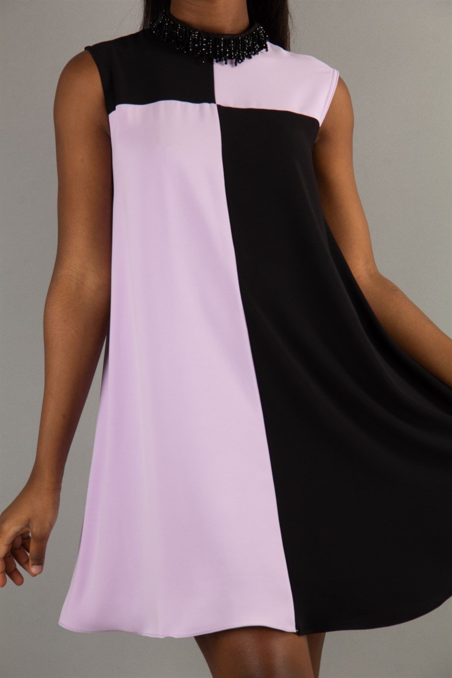 Stone Neck Sleeveless Dress - Lilac/Black