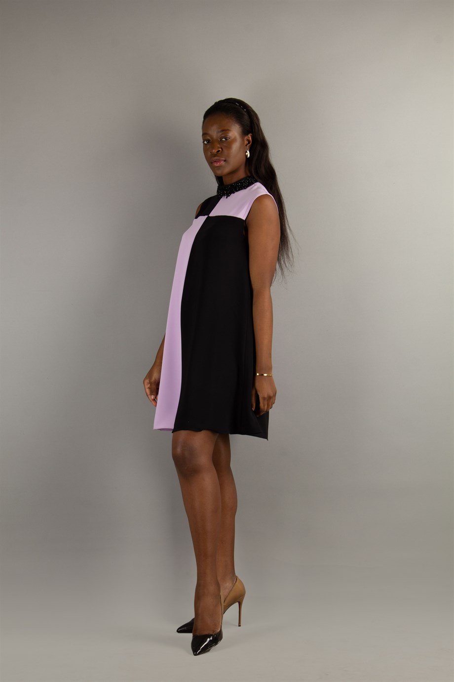 Stone Neck Sleeveless Dress - Lilac/Black