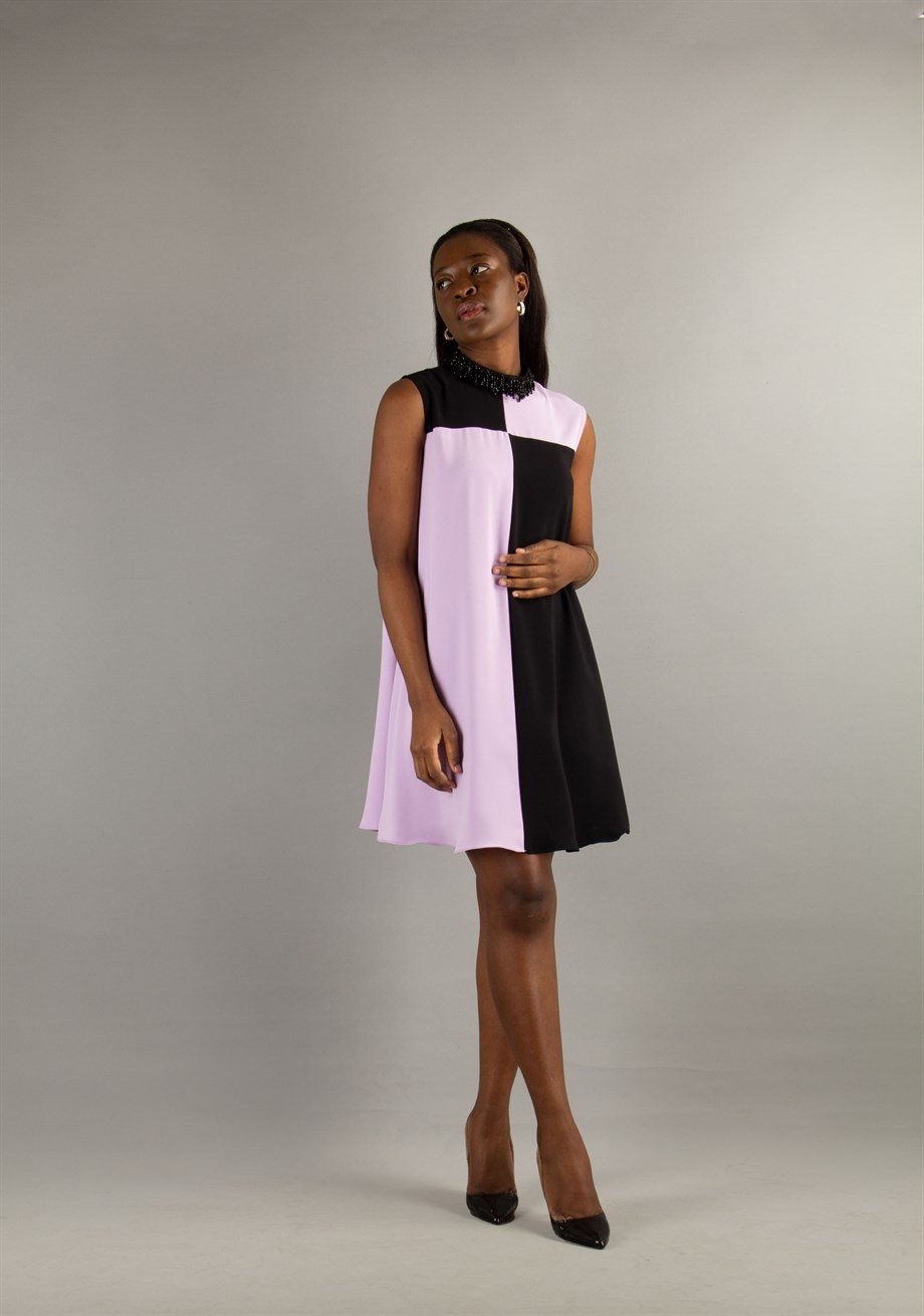 Stone Neck Sleeveless Dress - Lilac/Black