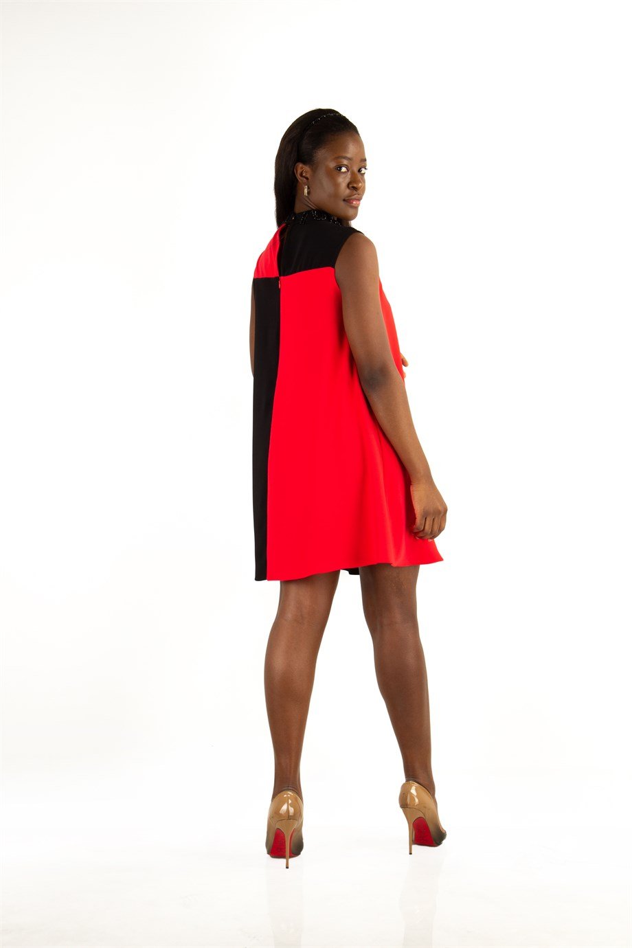 Stone Neck Sleeveless Dress - Red/Black