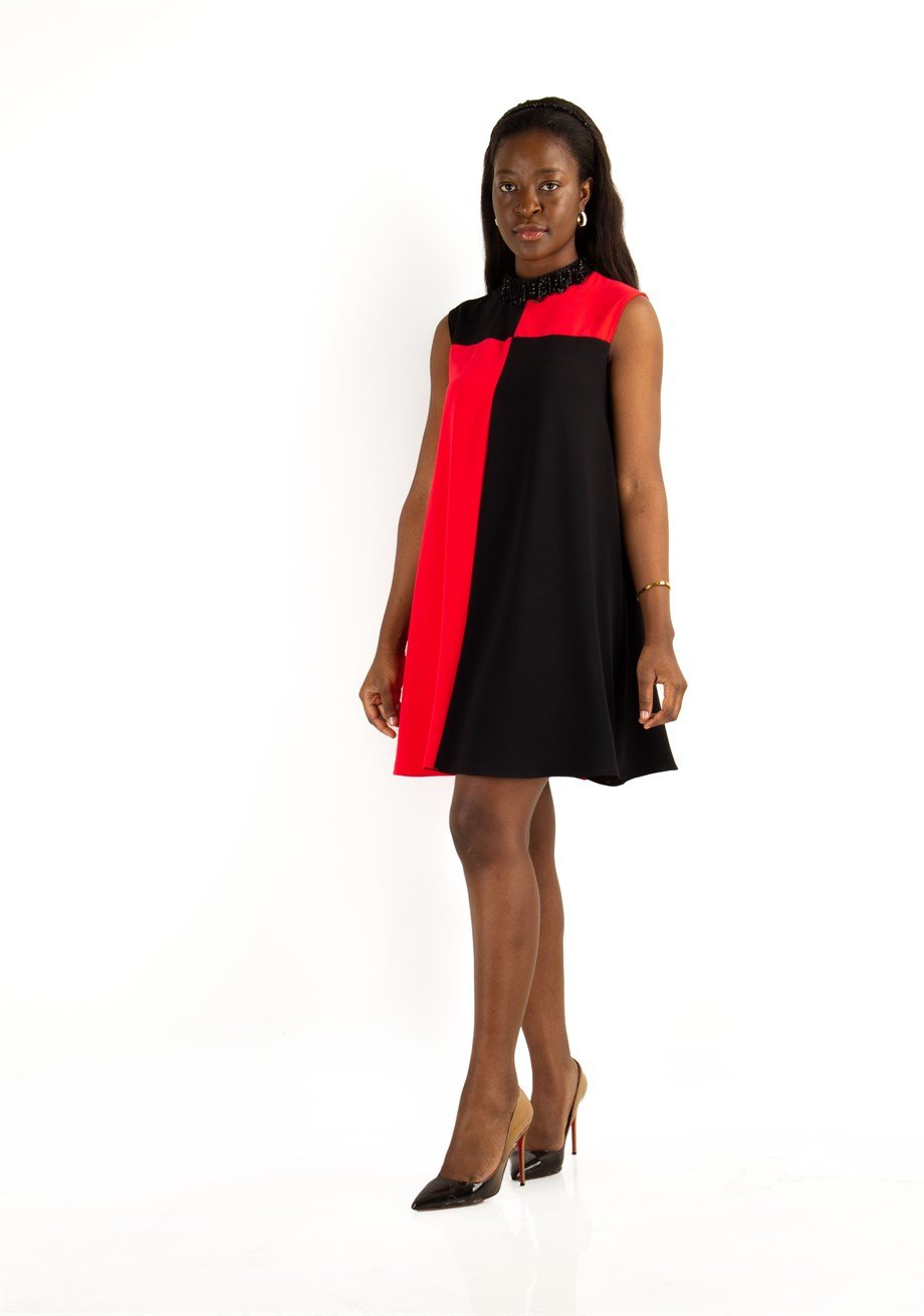 Stone Neck Sleeveless Dress - Red/Black