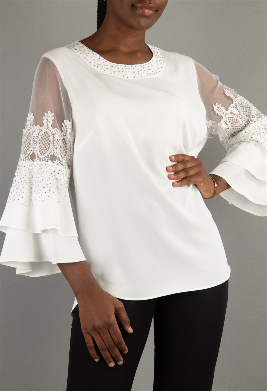 Stoned Tulle Detailed Bell Sleeve Big Size Blouse - White