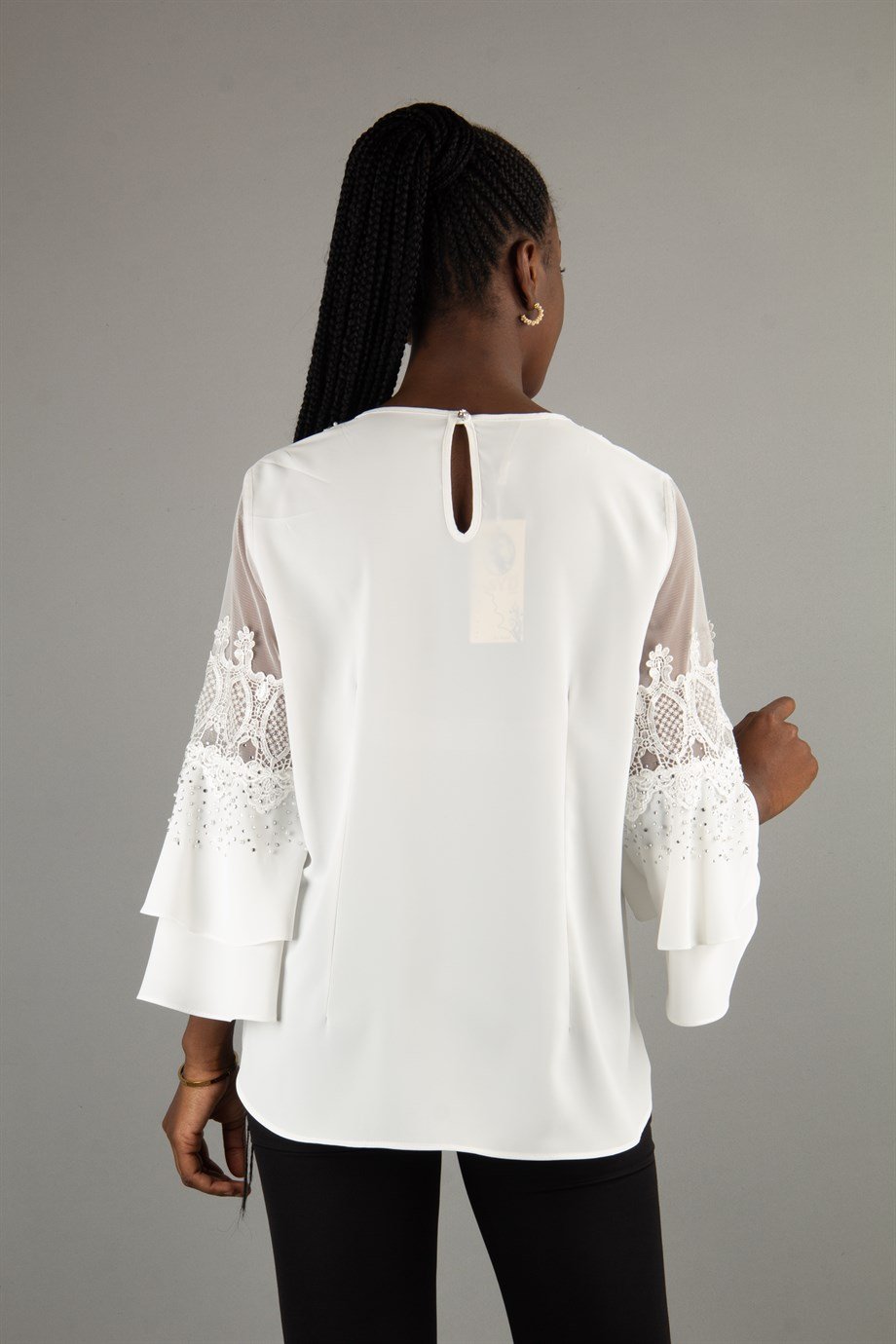 Stoned Tulle Detailed Bell Sleeve Big Size Blouse - White