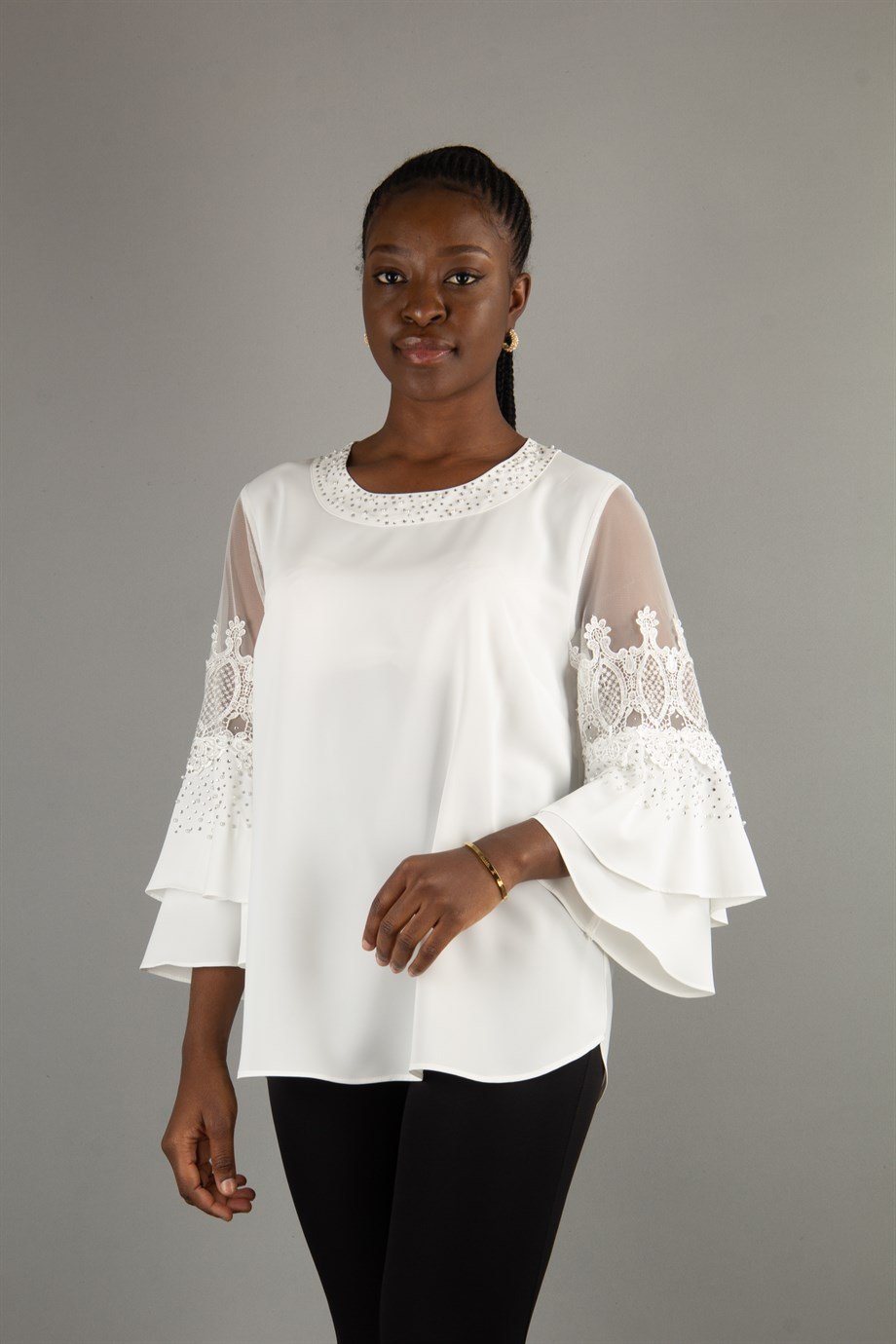 Stoned Tulle Detailed Bell Sleeve Big Size Blouse - White
