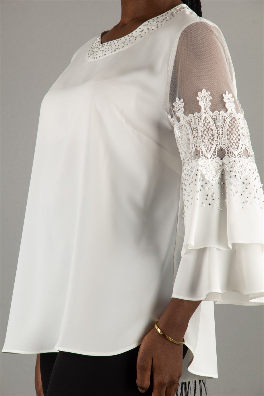 Stoned Tulle Detailed Bell Sleeve Big Size Blouse - White