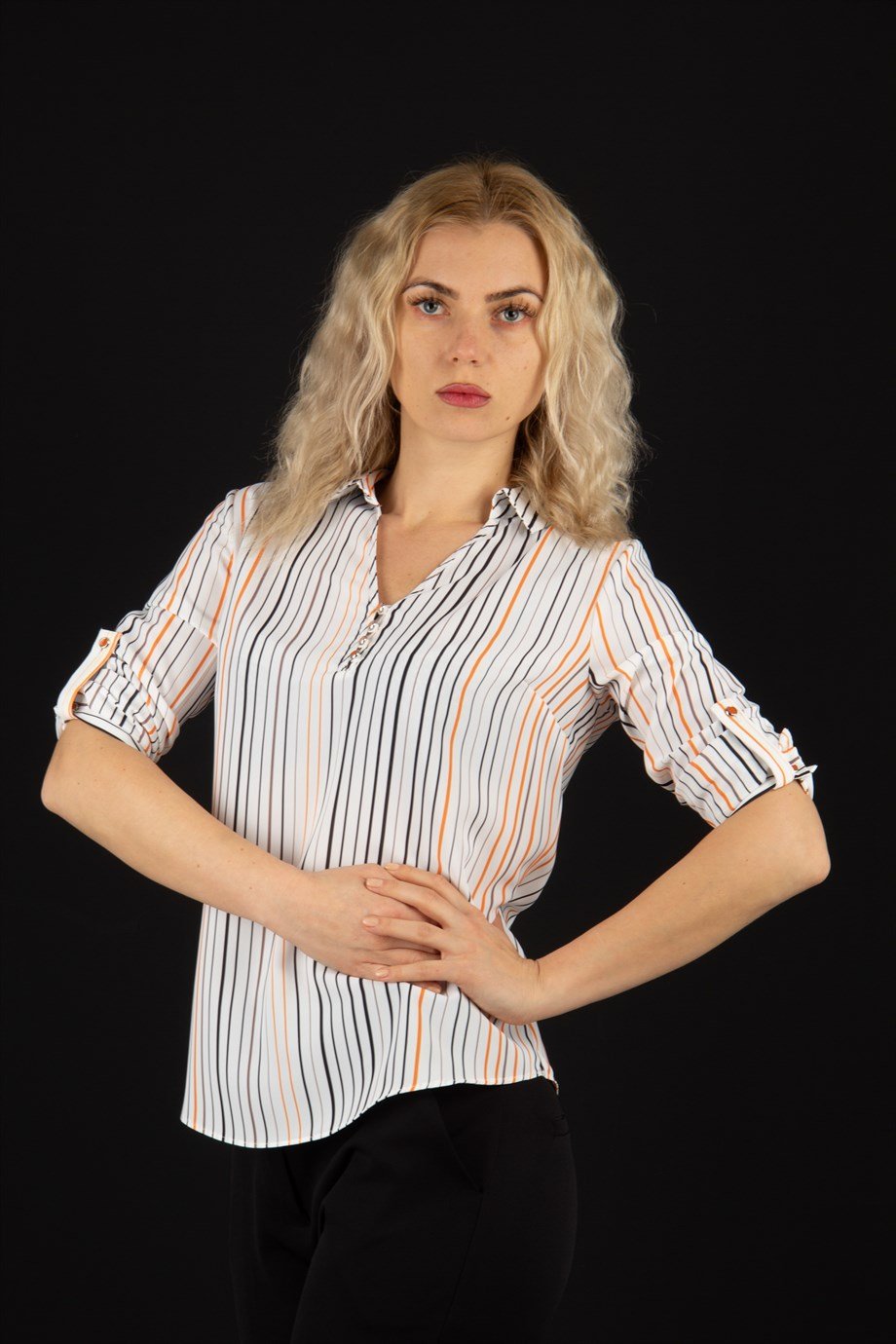 Stripe Print V Neck Big Size Blouse - Mustard