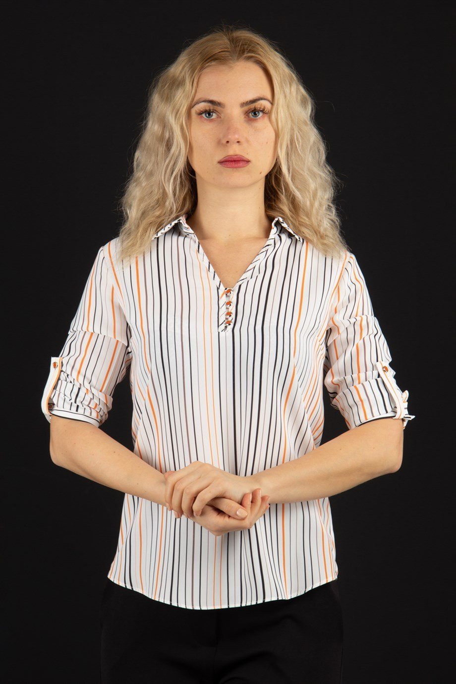 Stripe Print V Neck Big Size Blouse - Mustard