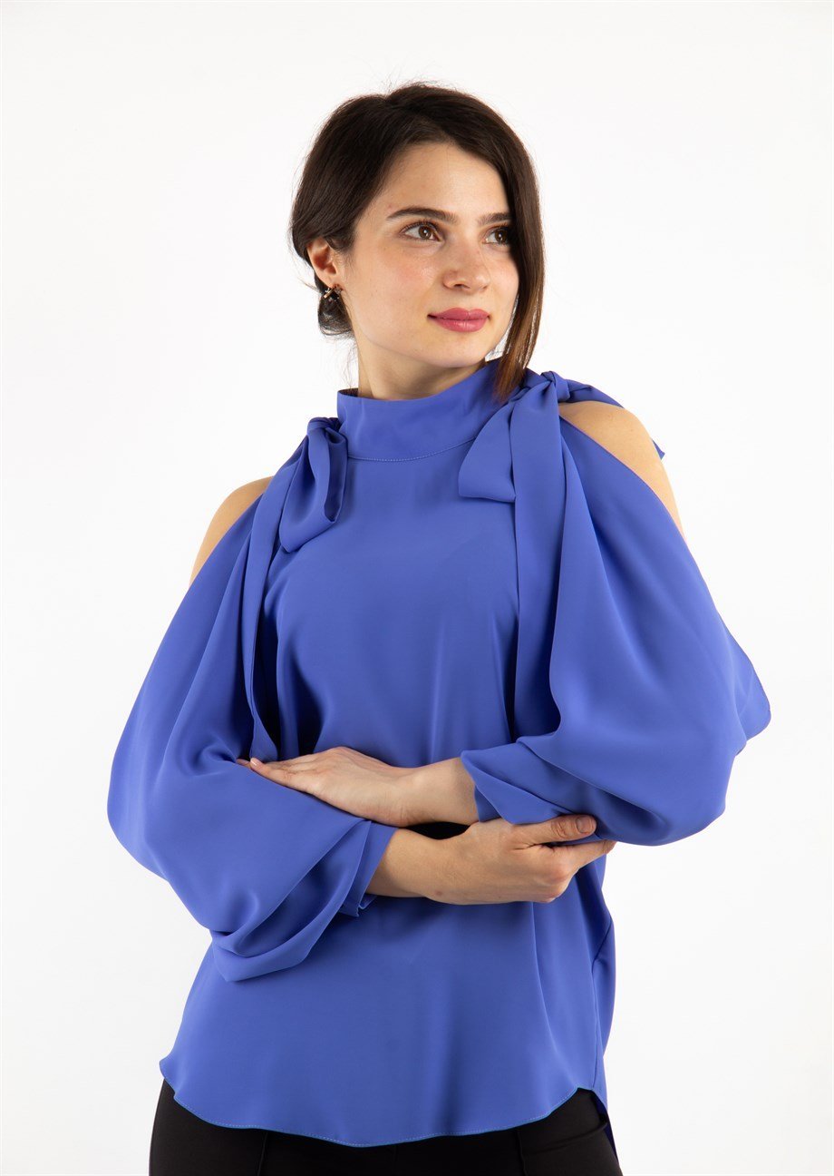 Tie Cold Shoulder Blouse - Indigo