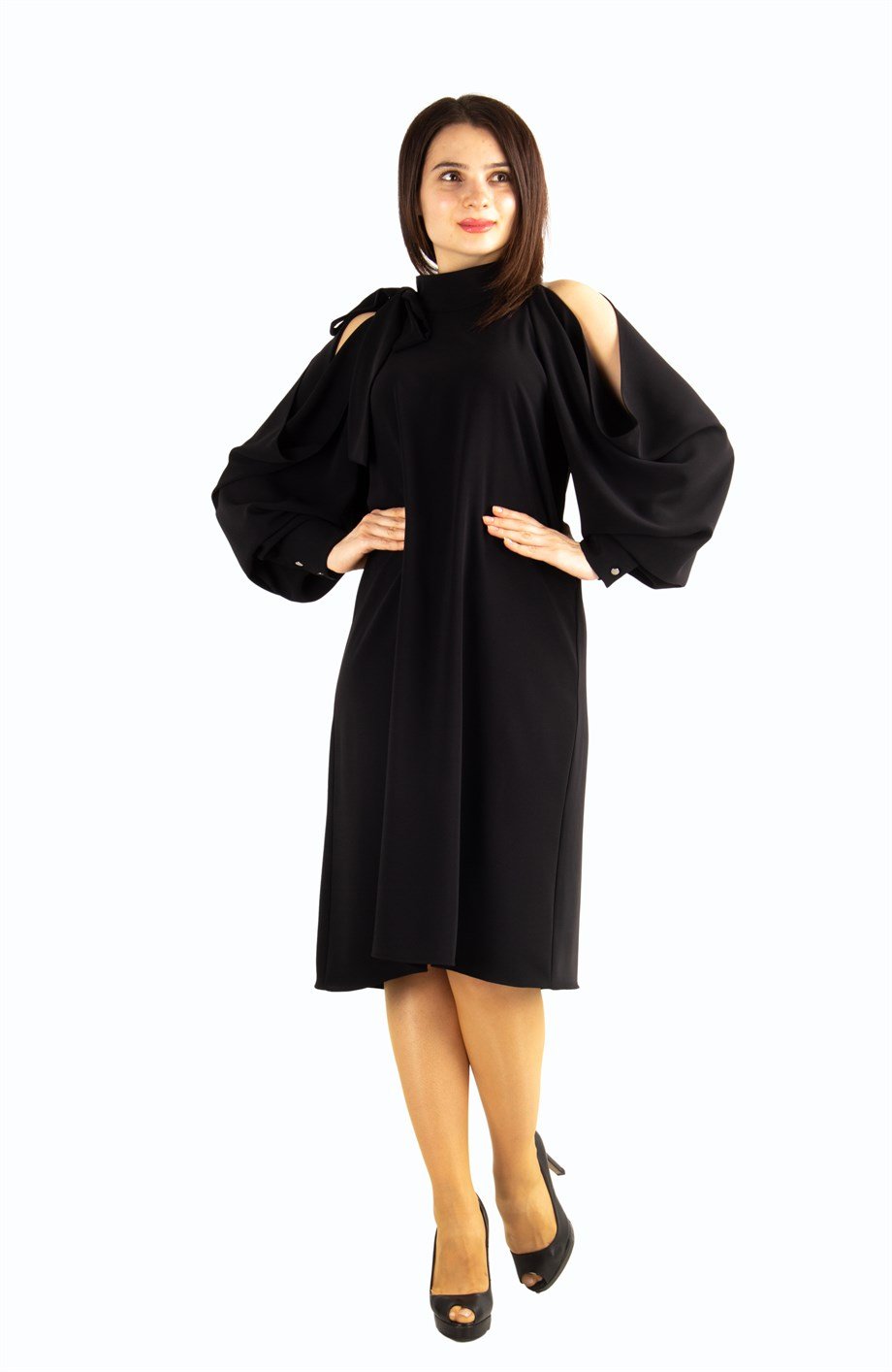 Tie Cold Shoulder Dress - Black