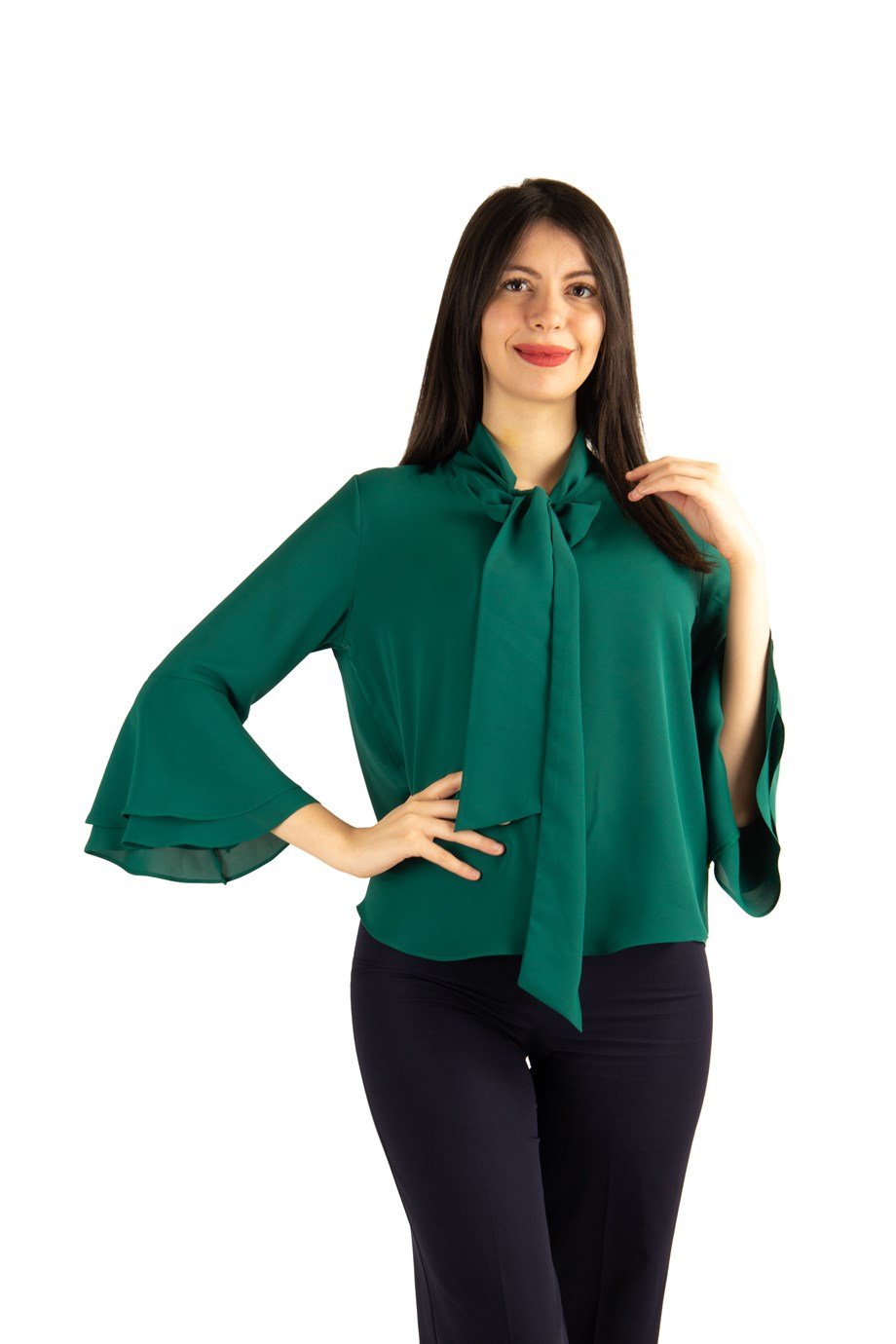 Tie Neck Bell Sleeves Big Size Blouse - Emerald Green
