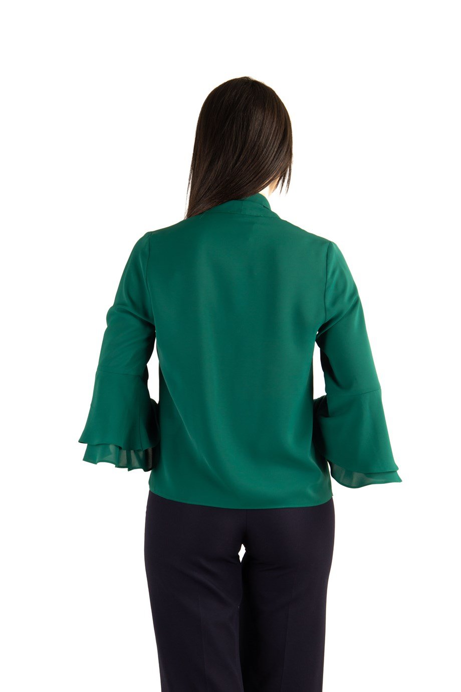 Tie Neck Bell Sleeves Big Size Blouse - Emerald Green