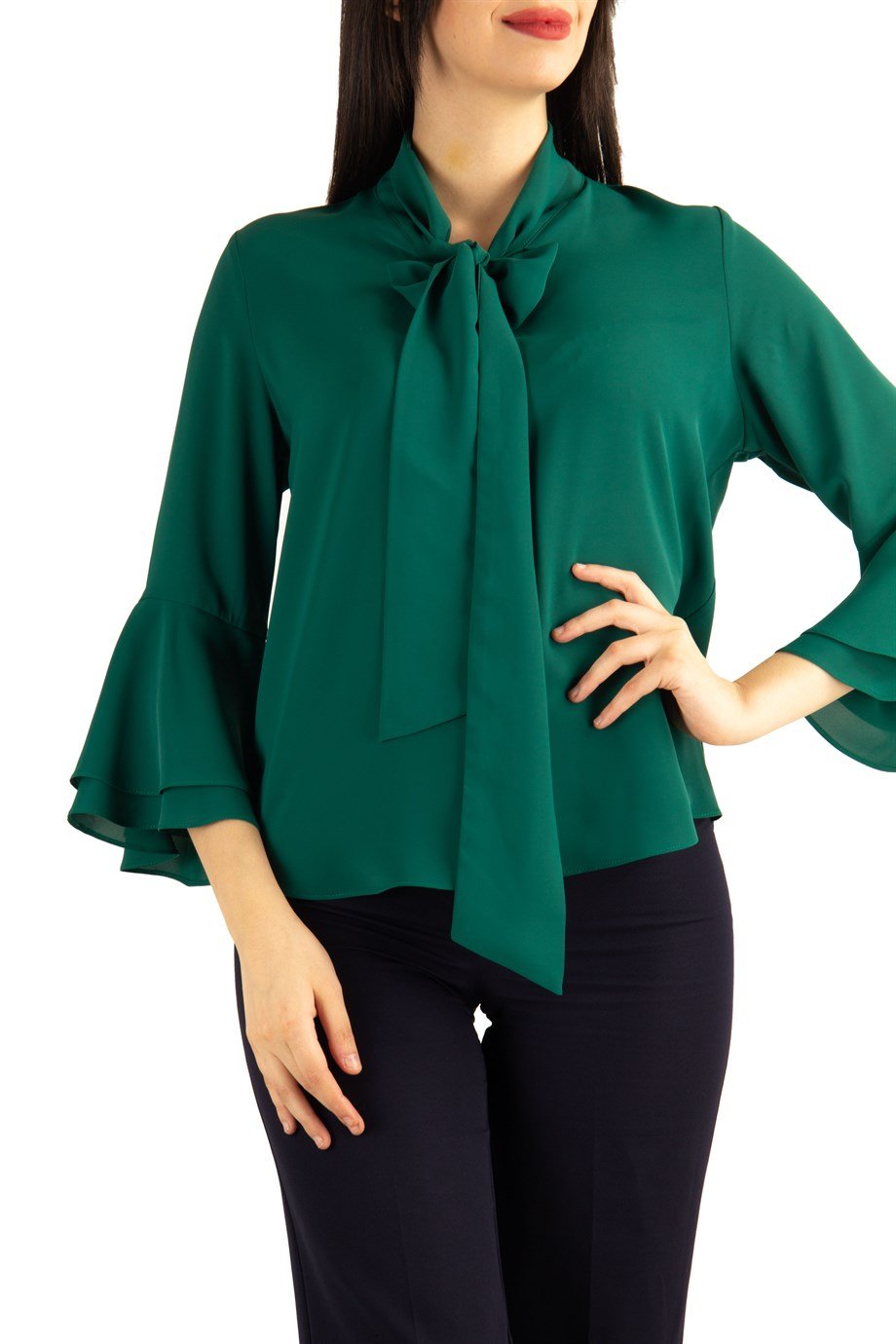 Tie Neck Bell Sleeves Big Size Blouse - Emerald Green