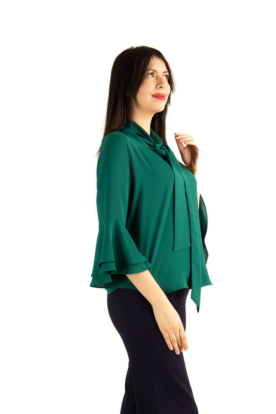 Tie Neck Bell Sleeves Big Size Blouse - Emerald Green