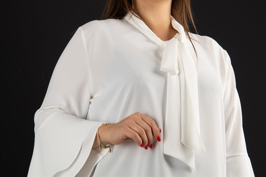 Tie Neck Bell Sleeves Big Size Blouse - White