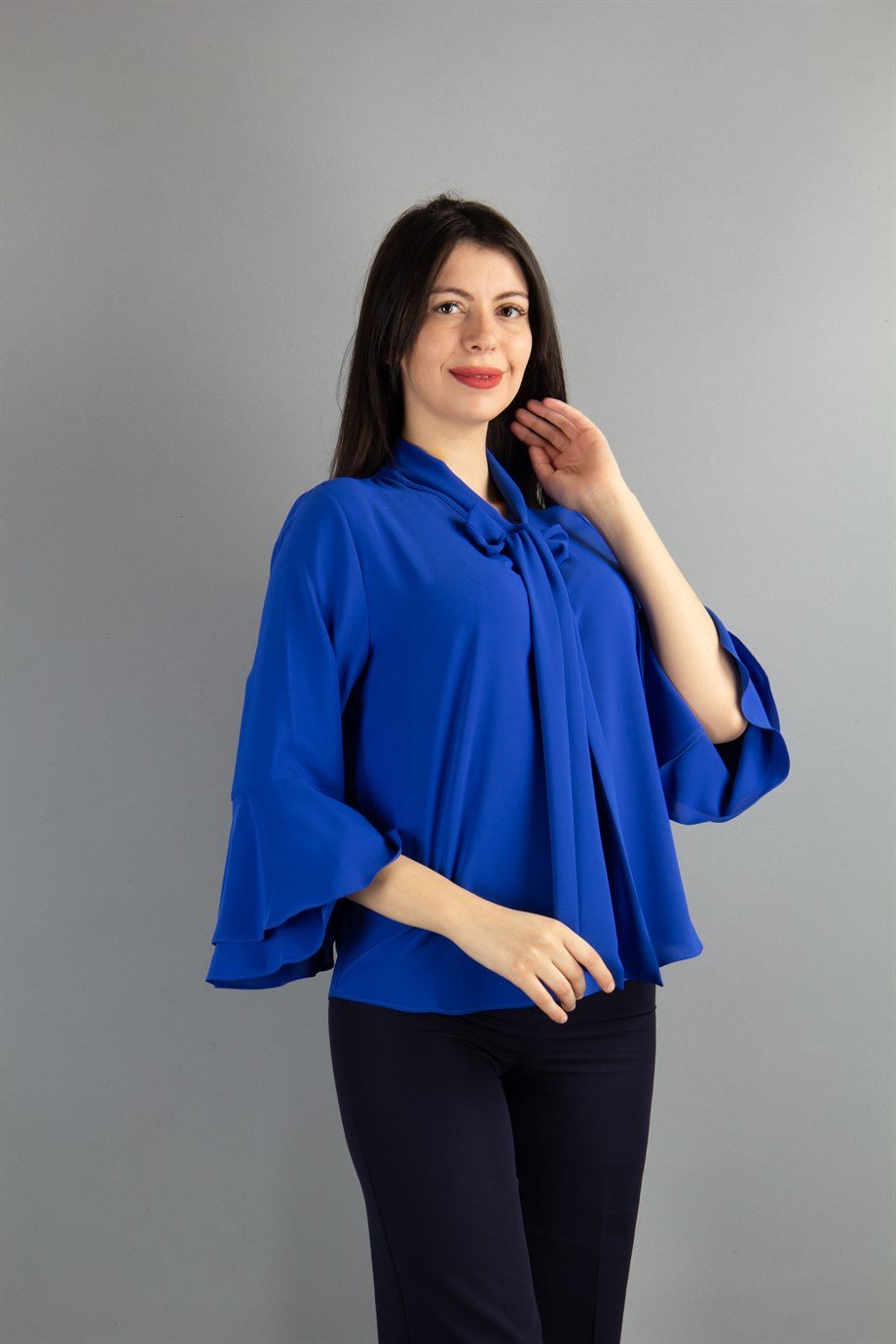 Tie Neck Bell Sleeves Blouse - Saxe