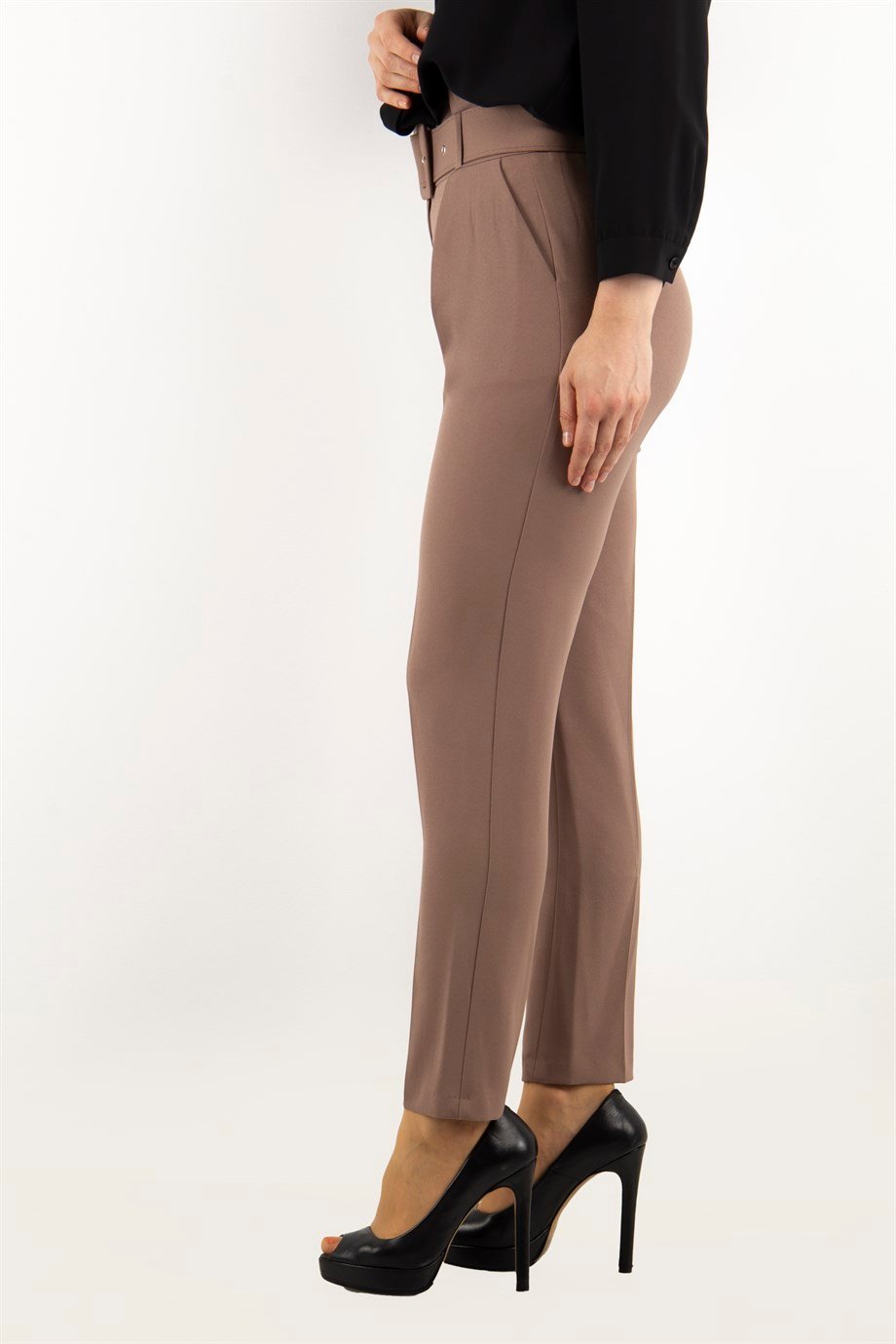 Trousers With Matching Belt Casual Formal Office Pants For Ladies - Mink