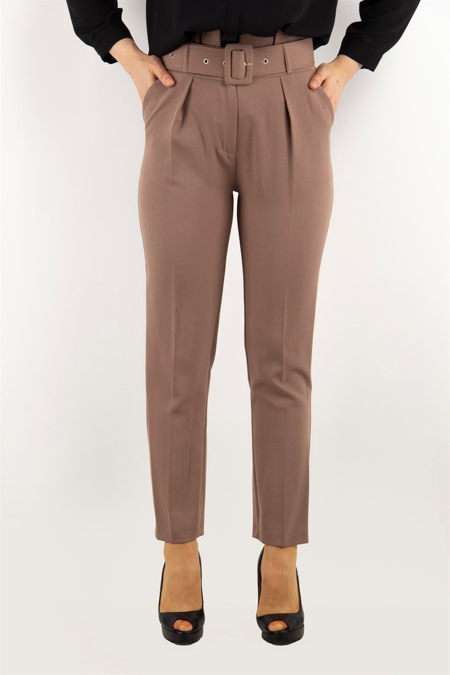 Trousers With Matching Belt Casual Formal Office Pants For Ladies - Mink