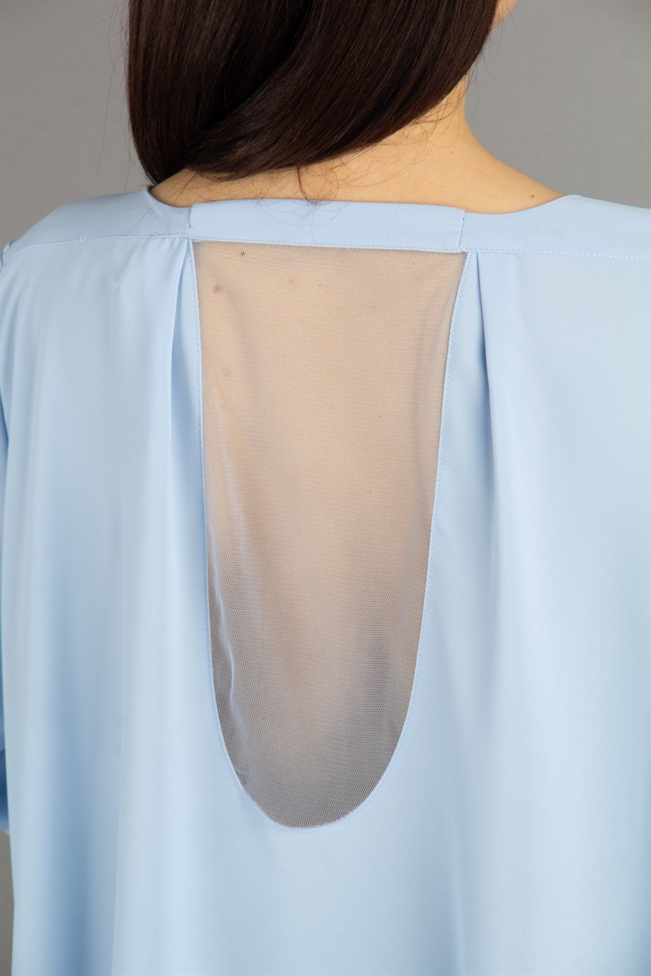 Tulle Back Asymmetric Blouse - Baby Blue