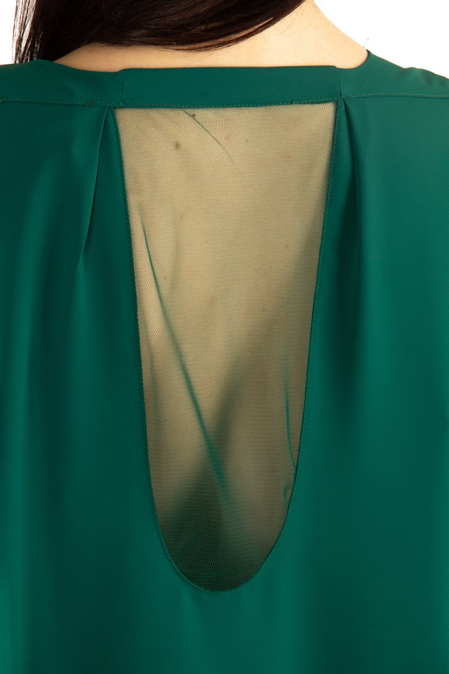 Tulle Back Asymmetric Blouse - Emerald Green