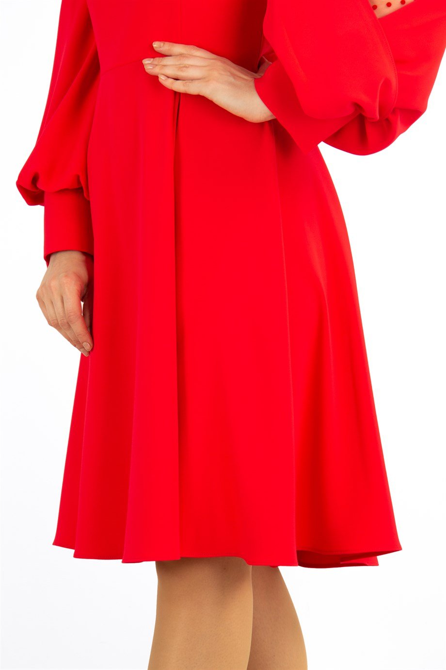 Tulle Balloon Sleeve Flare Dress - Red