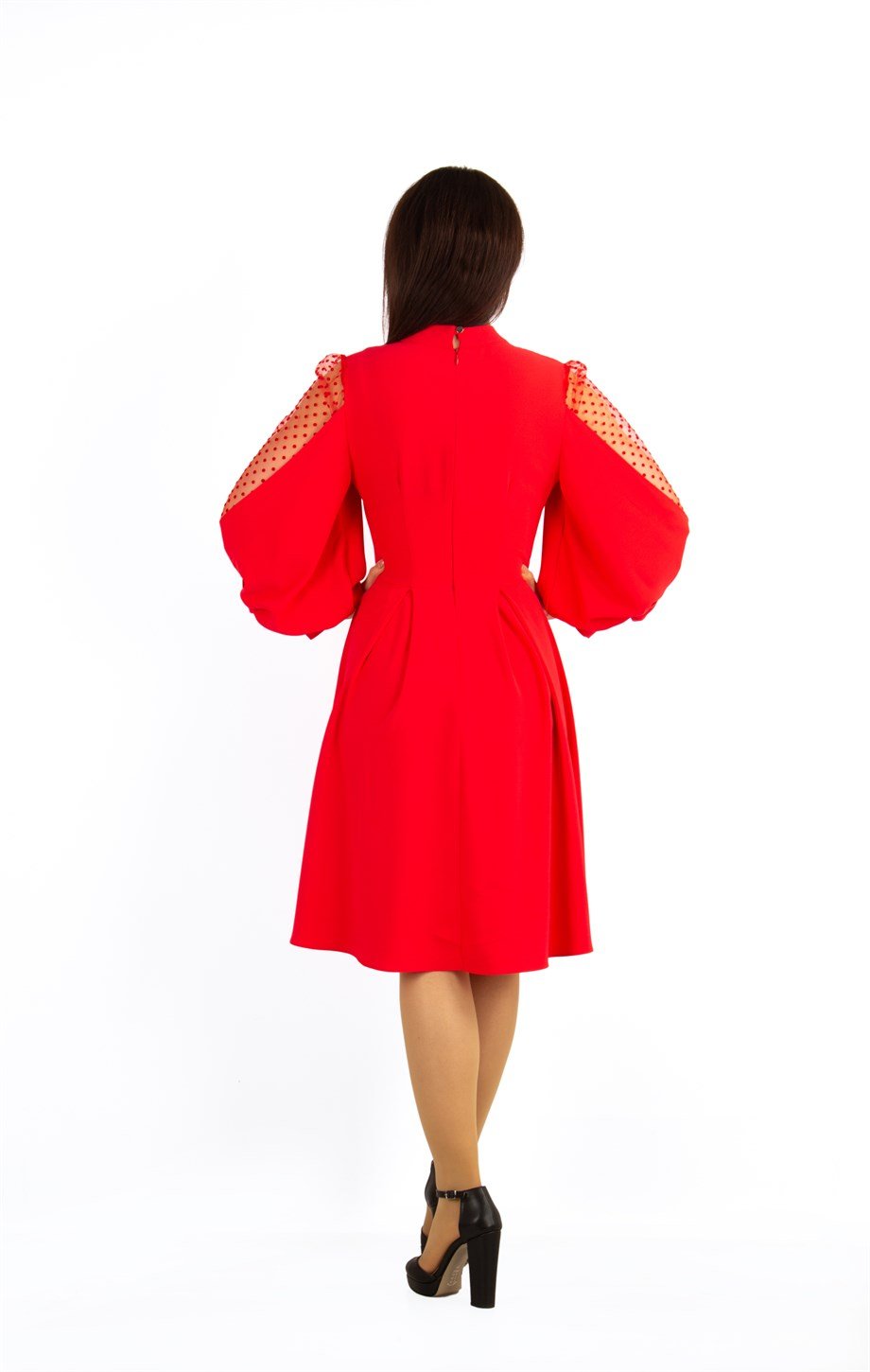 Tulle Balloon Sleeve Flare Dress - Red