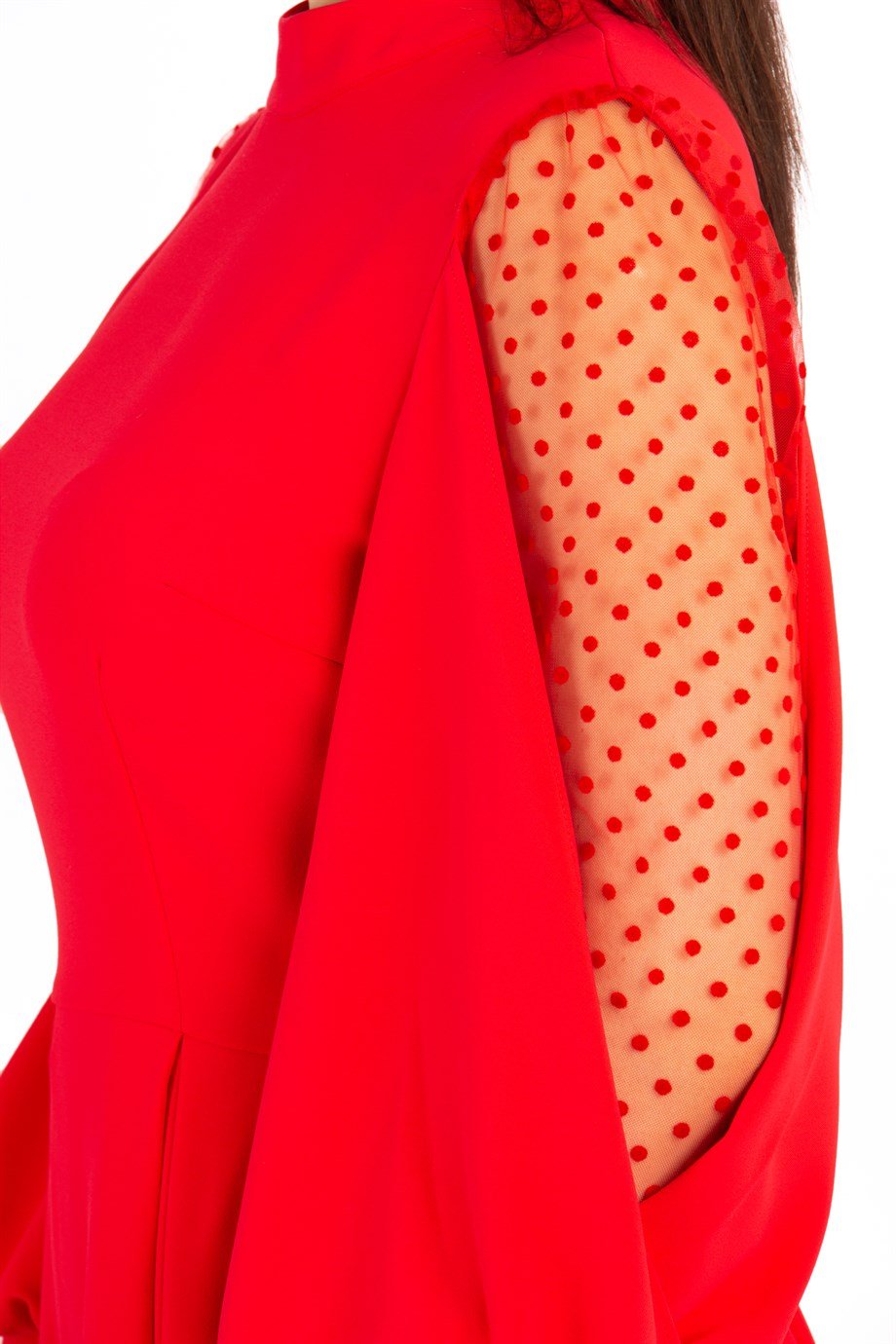 Tulle Balloon Sleeve Flare Dress - Red