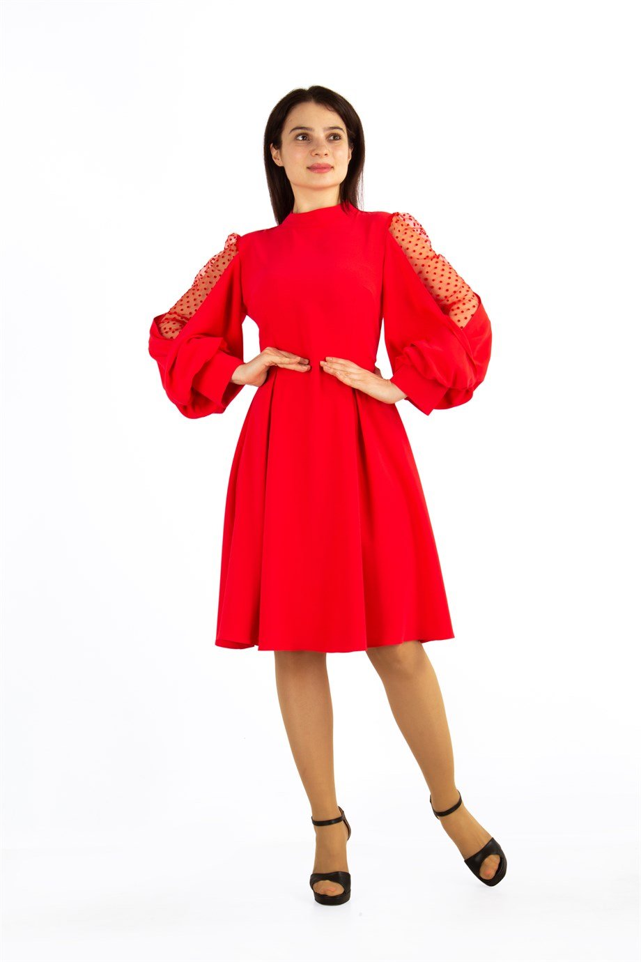 Tulle Balloon Sleeve Flare Dress - Red