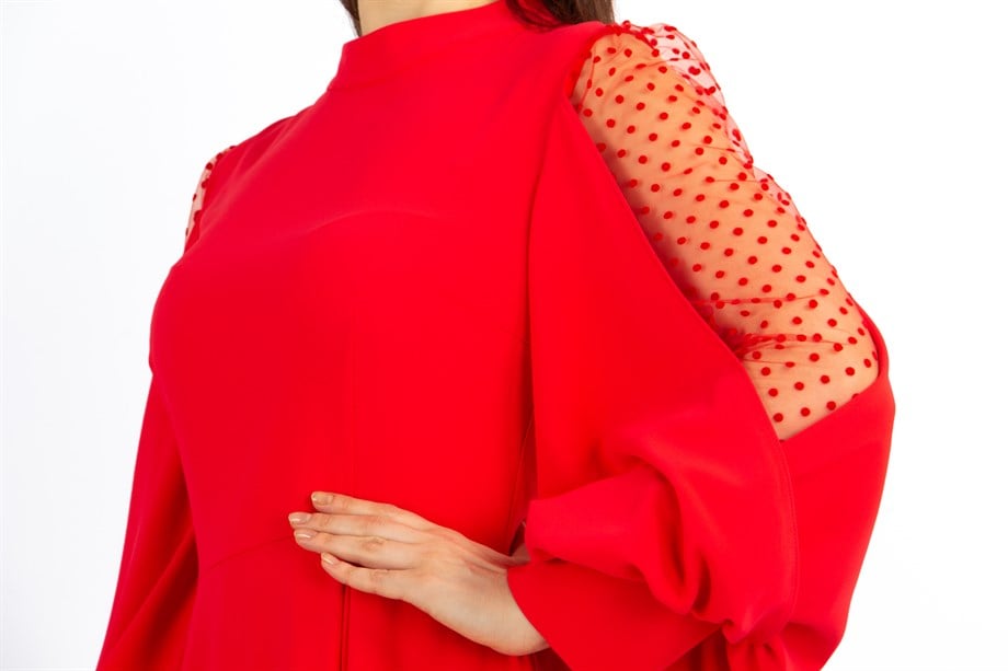 Tulle Balloon Sleeve Flare Dress - Red