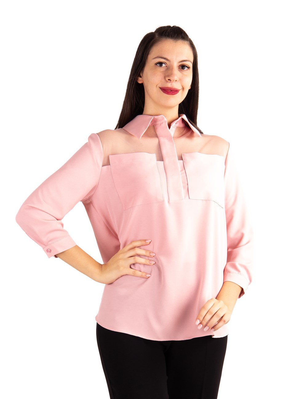 Tulle Chest Classic Blouse - Powder