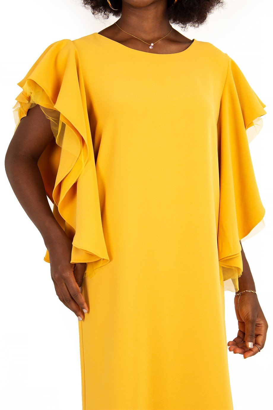 Tulle Frill Short Sleeve Big Size Dress - Mustard
