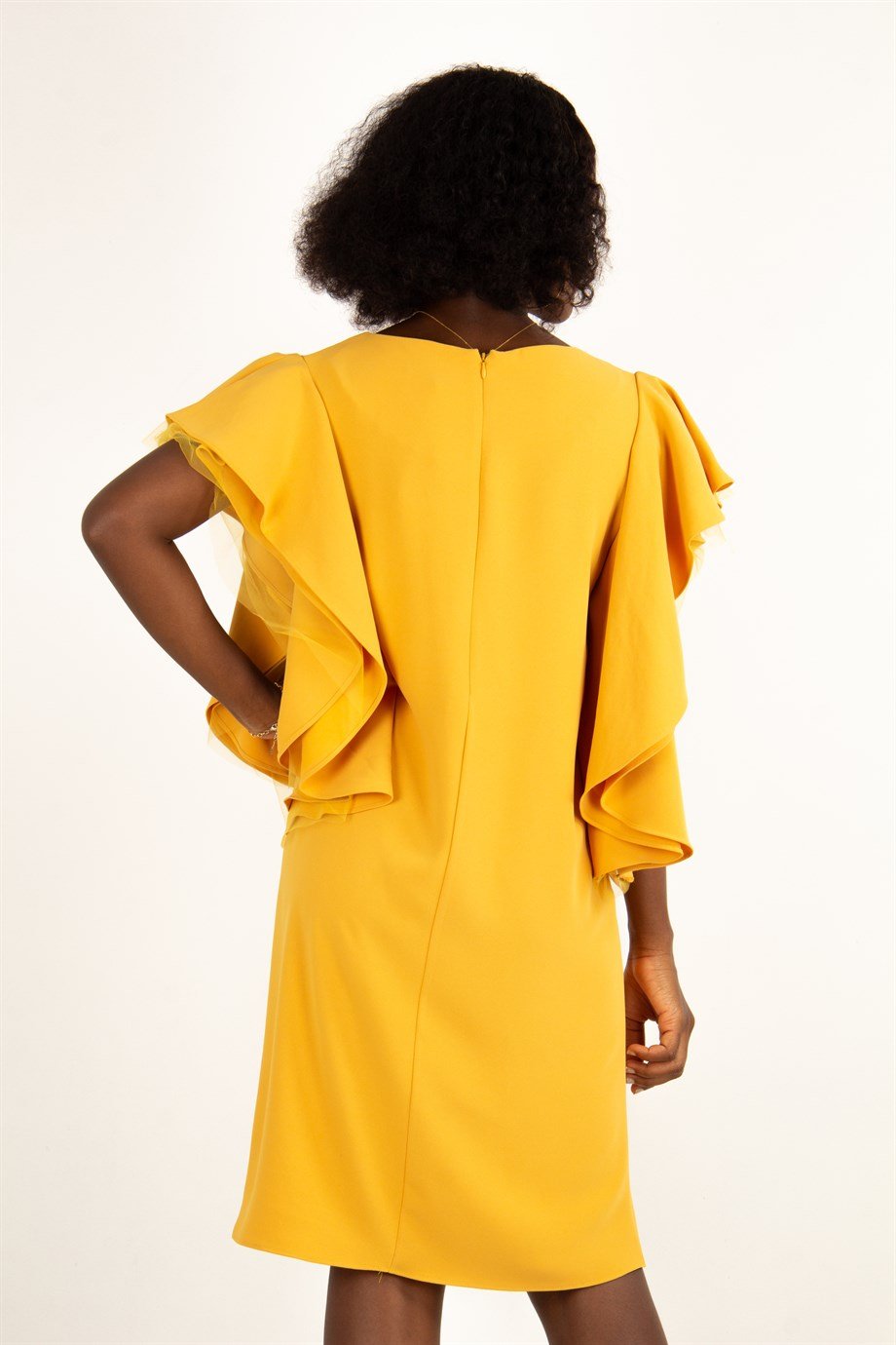Tulle Frill Short Sleeve Big Size Dress - Mustard