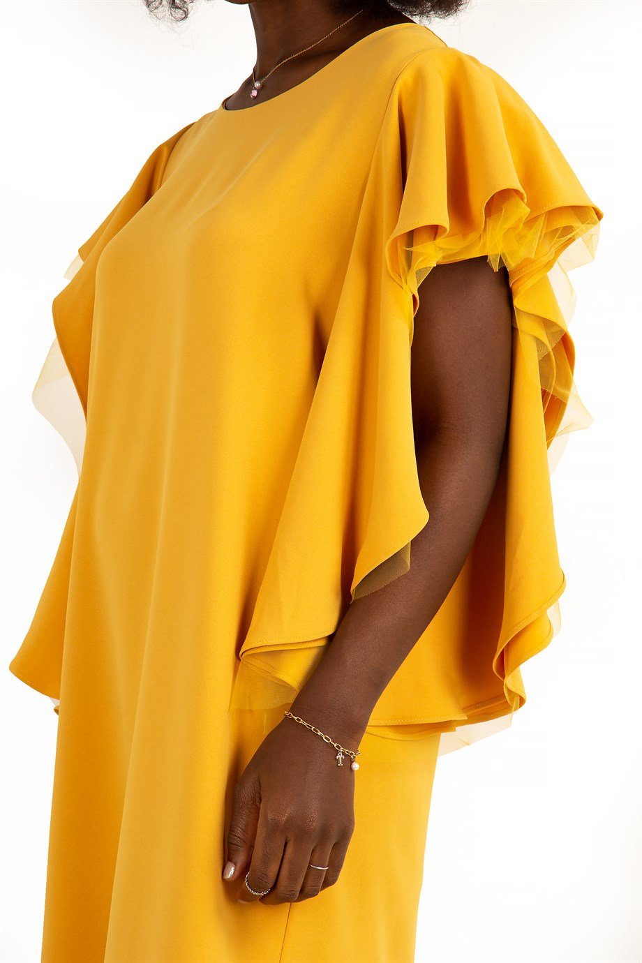 Tulle Frill Short Sleeve Big Size Dress - Mustard