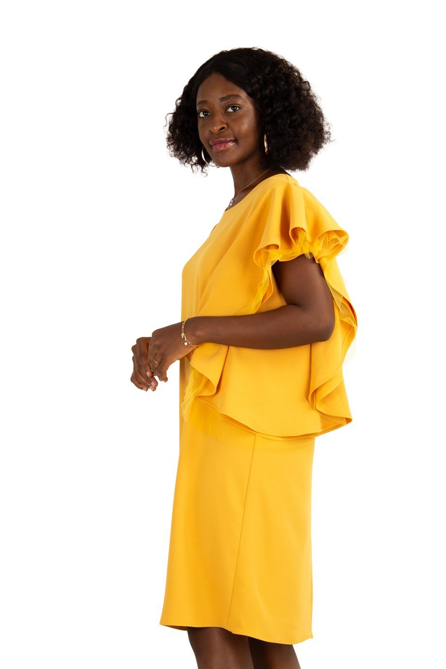 Tulle Frill Short Sleeve Big Size Dress - Mustard