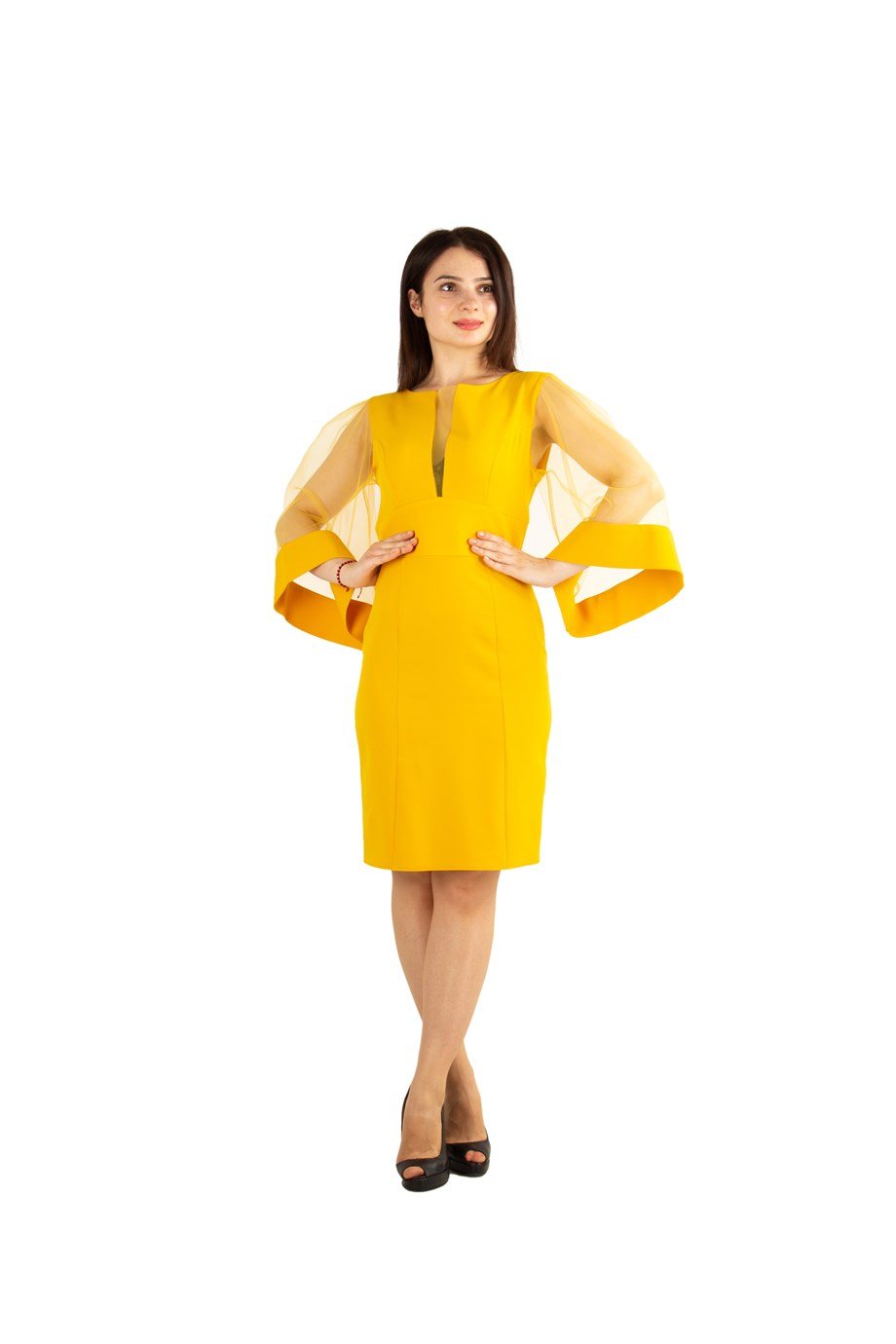 Tulle Sleeve and Low-Cut Dress - Mustard