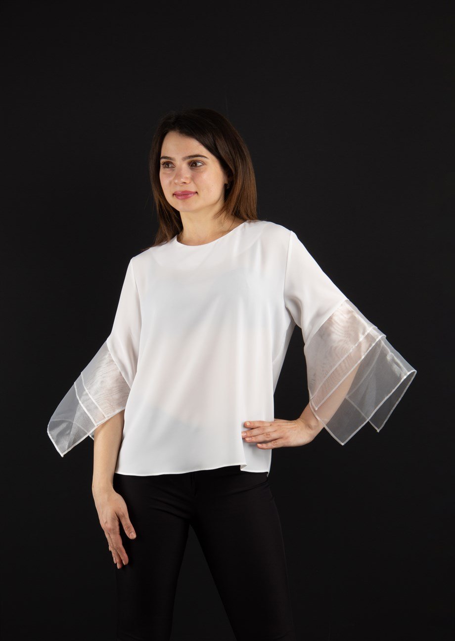 Tulle Sleeve Blouse - White