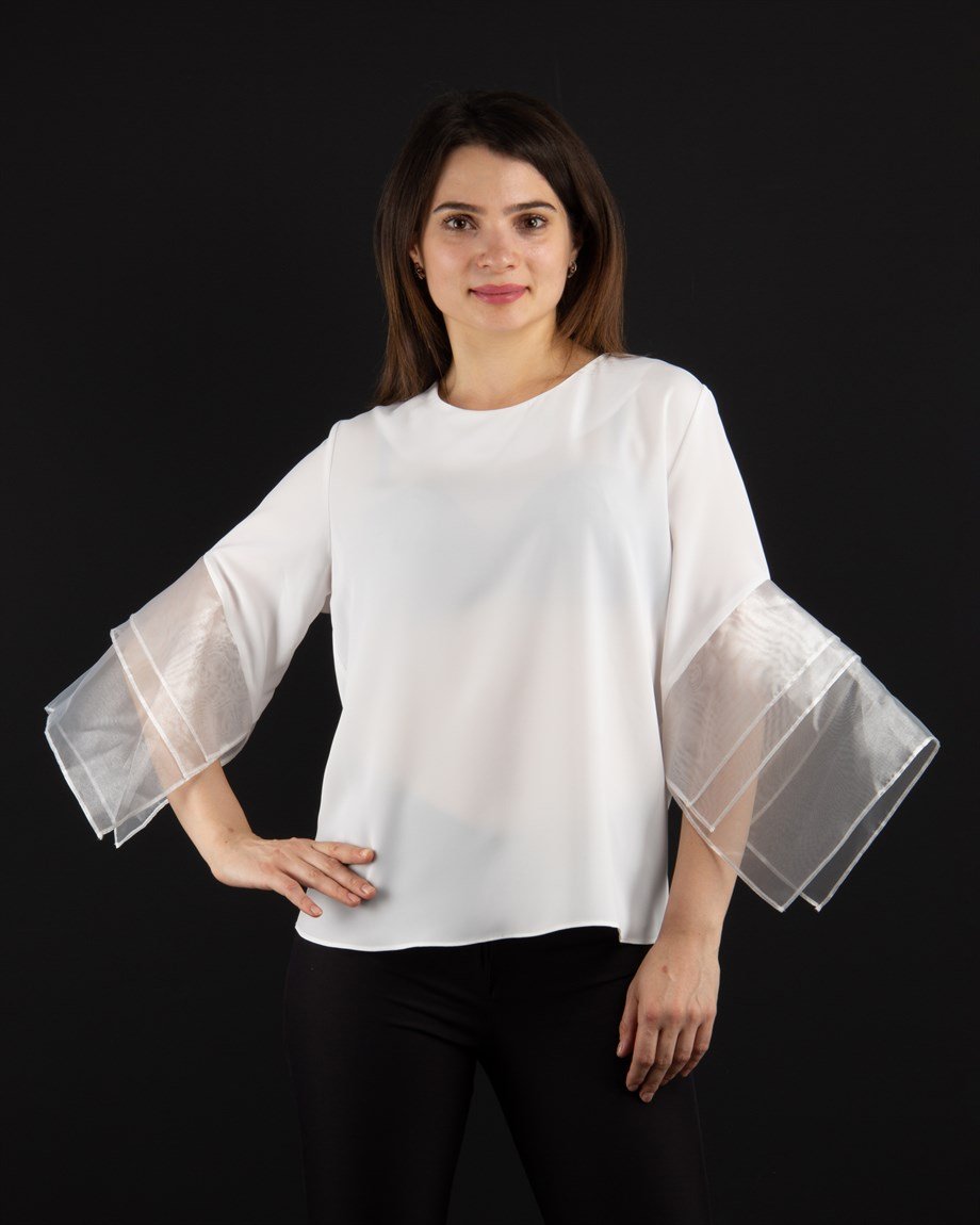 Tulle Sleeve Blouse - White