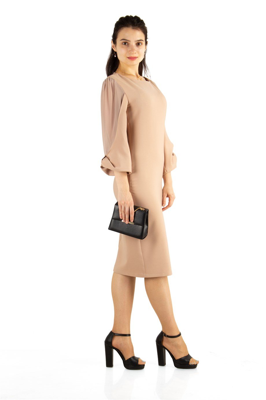 Tulle-Sleeve Plain Dress Big Size - Beige