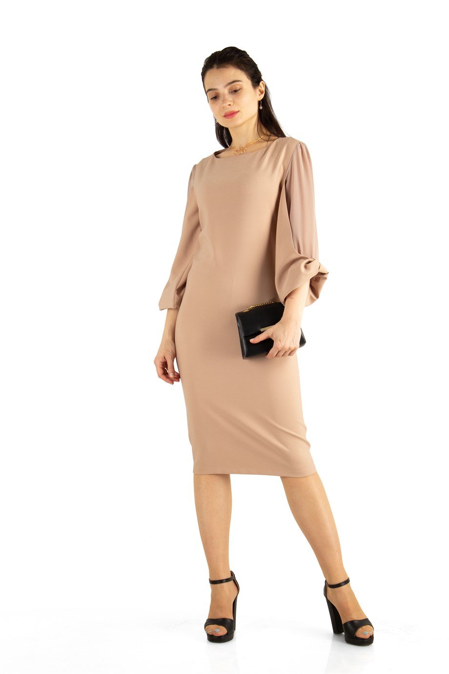 Tulle-Sleeve Plain Dress Big Size - Beige