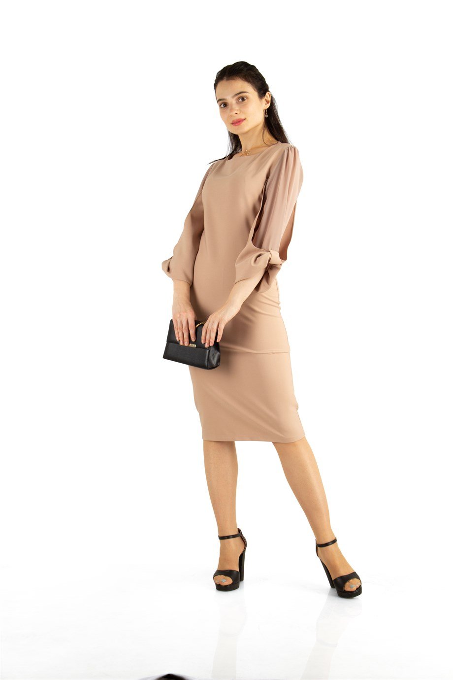Tulle-Sleeve Plain Dress Big Size - Beige
