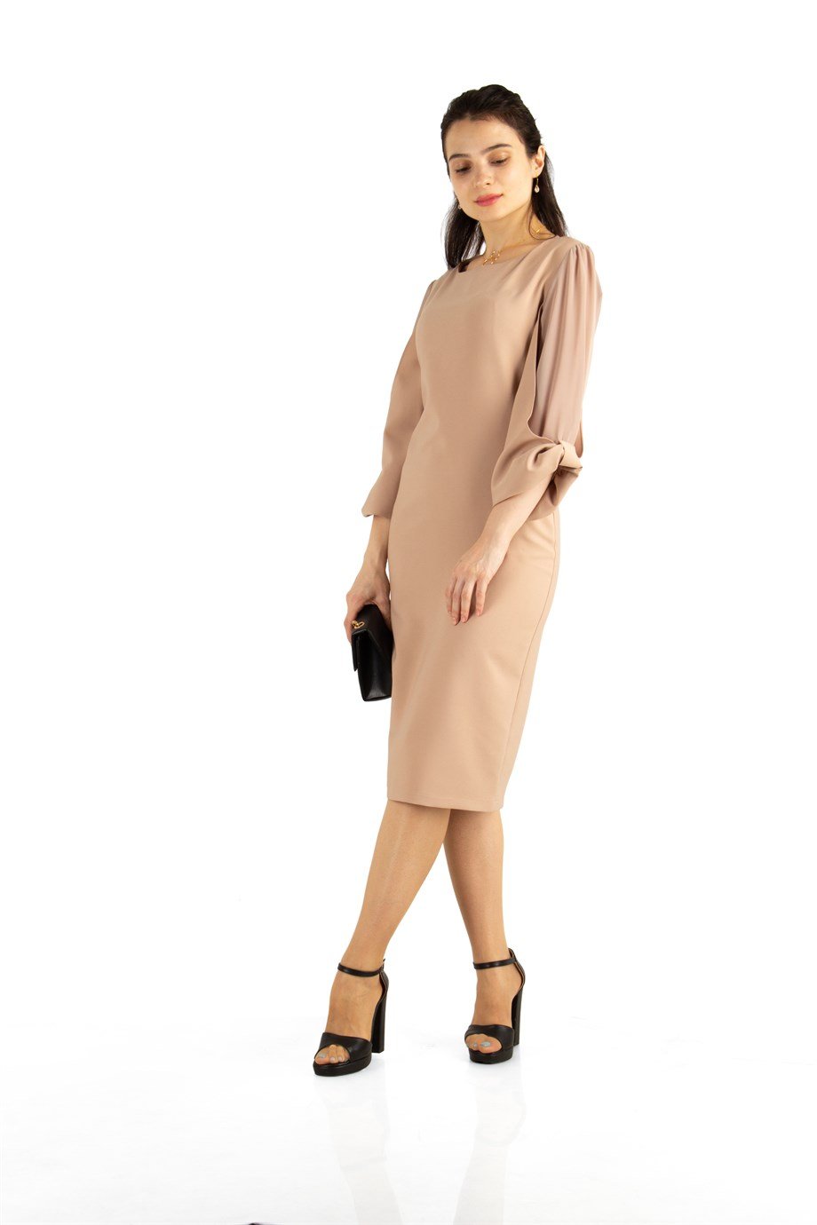 Tulle-Sleeve Plain Dress Big Size - Beige