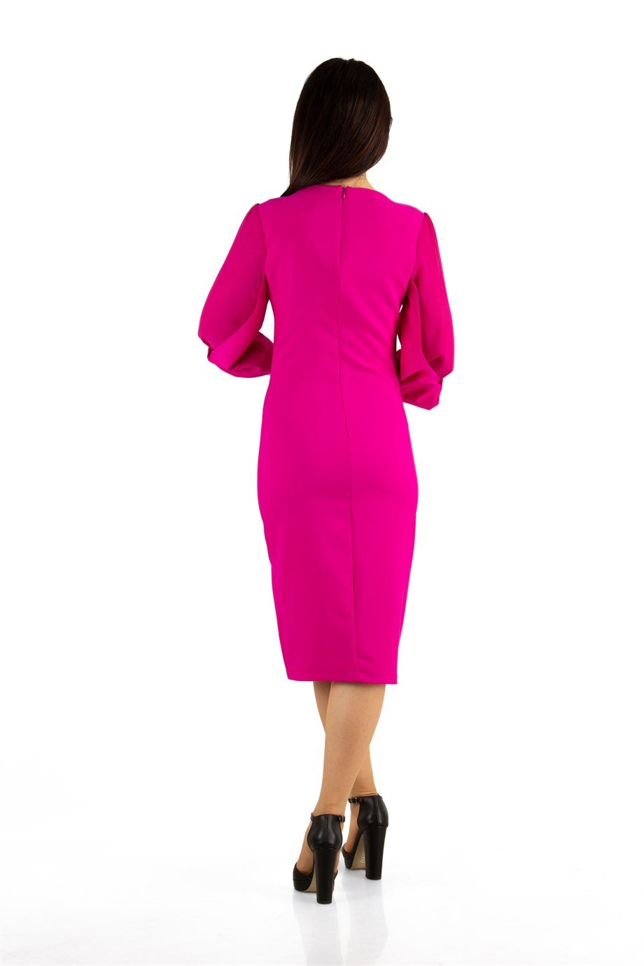 Tulle-Sleeve Plain Dress Big Size - Fuchsia