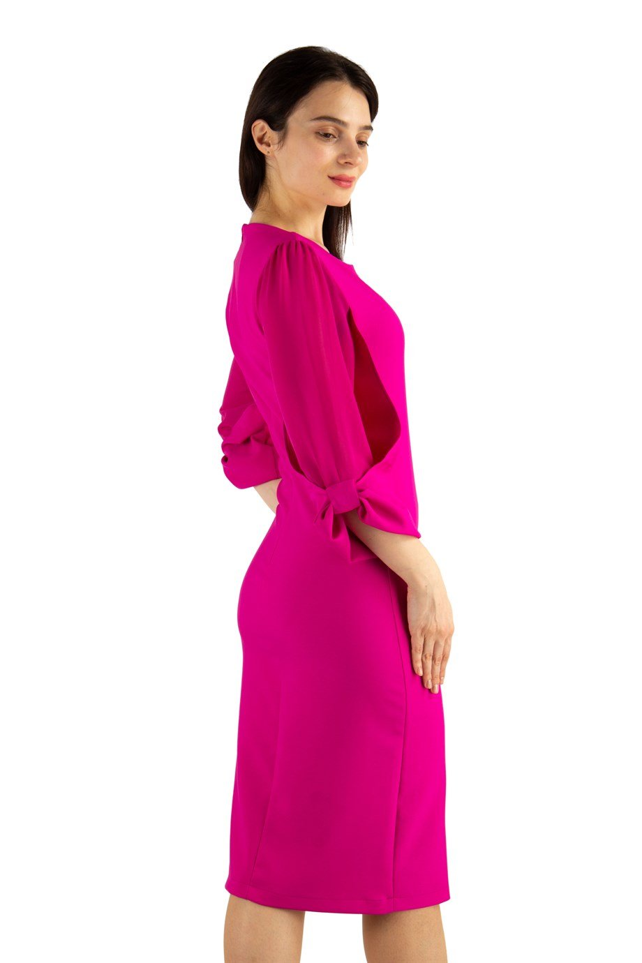 Tulle-Sleeve Plain Dress Big Size - Fuchsia