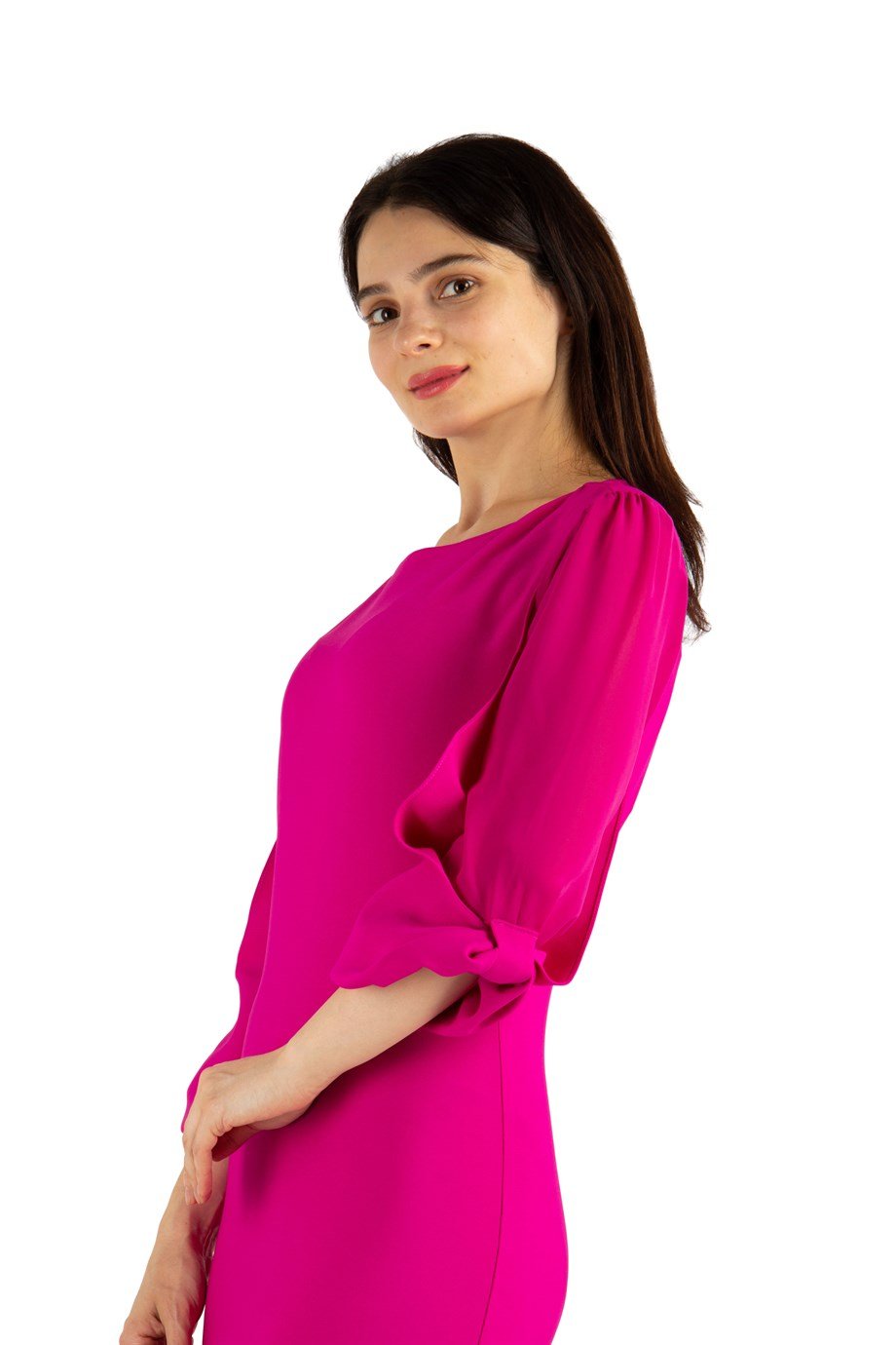 Tulle-Sleeve Plain Dress Big Size - Fuchsia