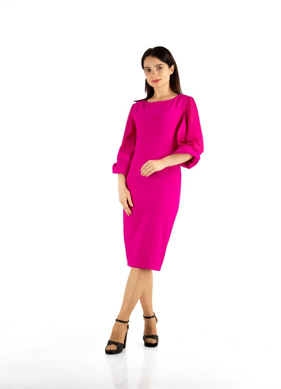 Tulle-Sleeve Plain Dress Big Size - Fuchsia