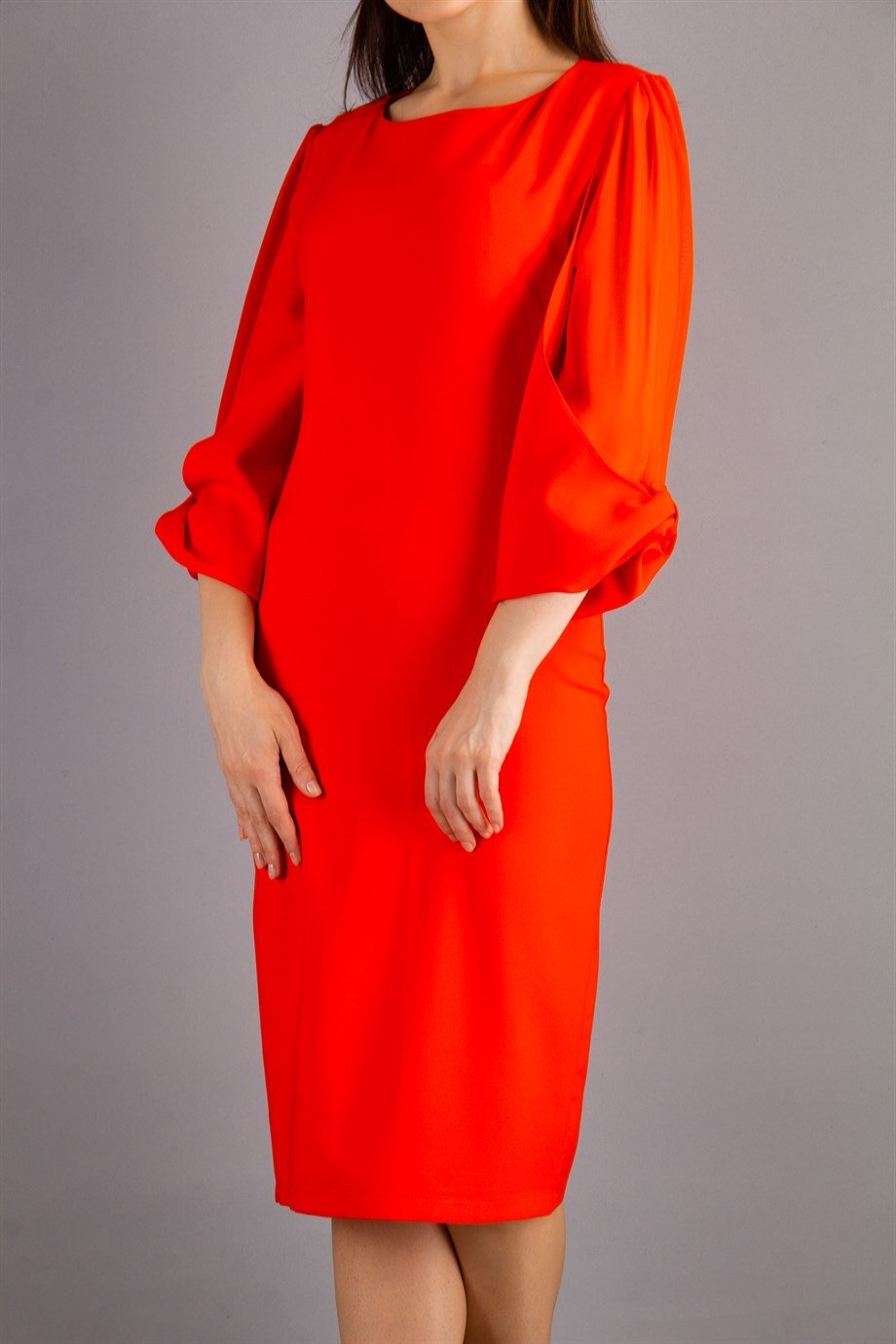 Tulle-Sleeve Plain Dress Big Size - Orange