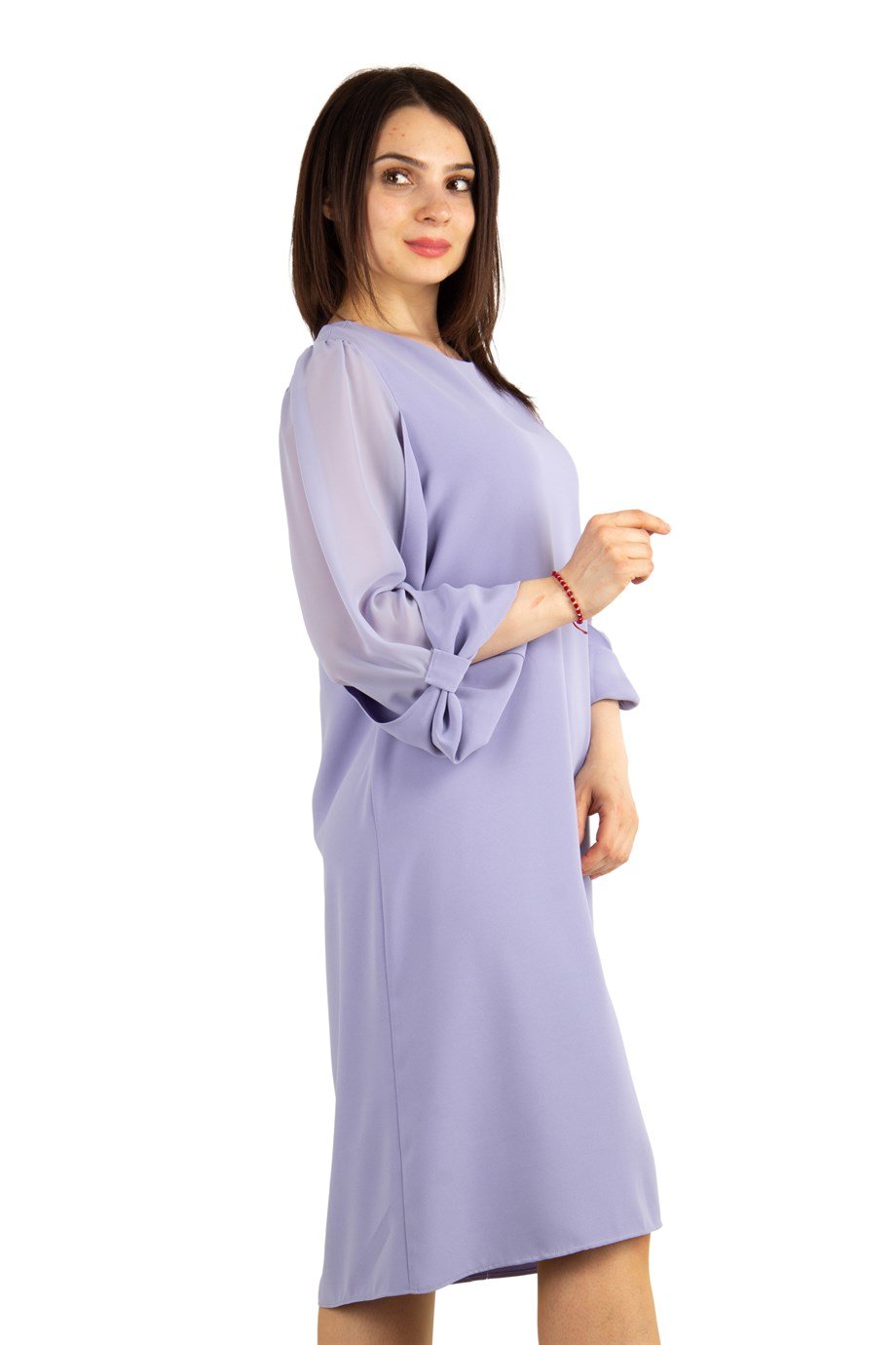 Tulle-Sleeve Plain Midi Big Size Dress - Lilac