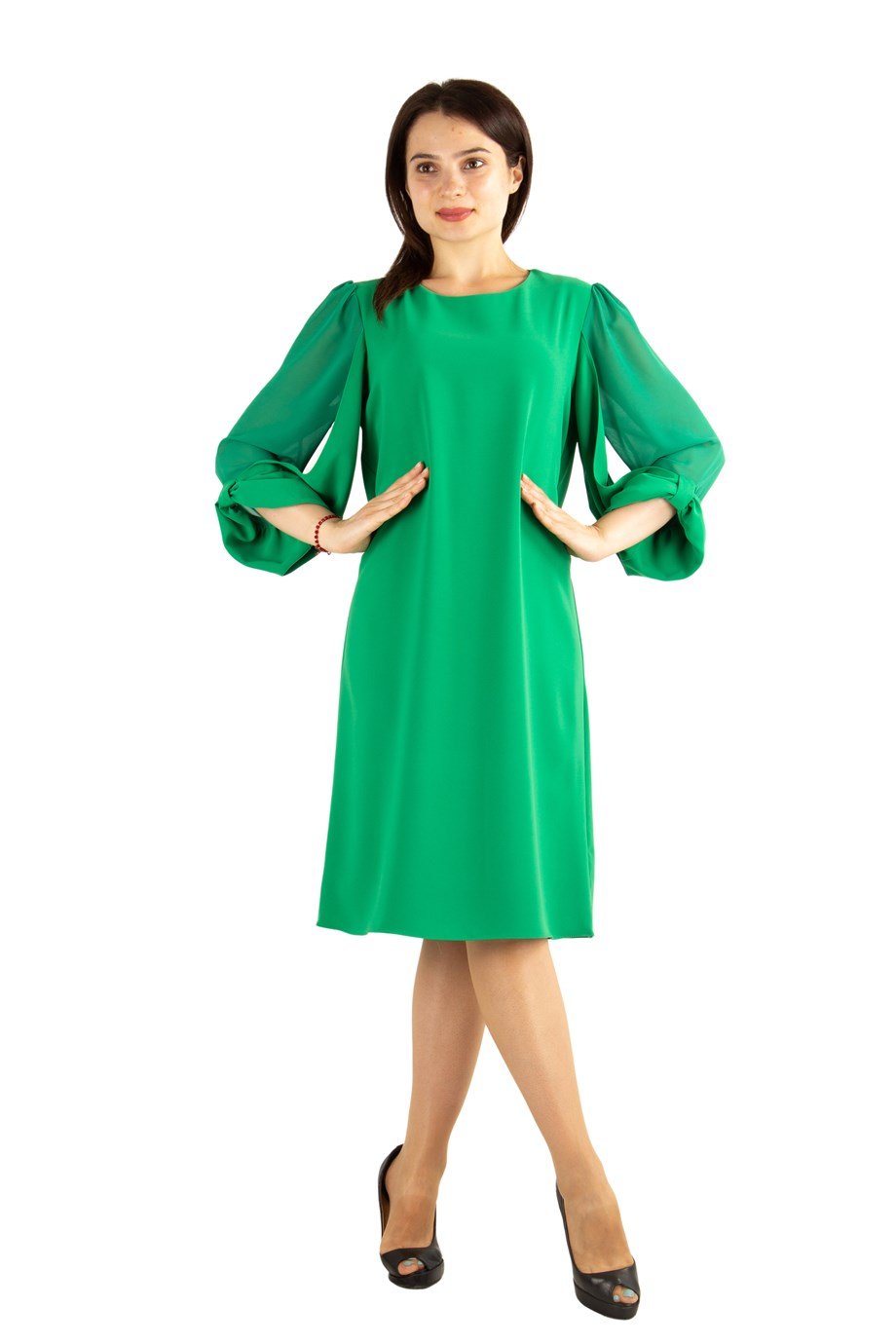 Tulle-Sleeve Plain Midi Big Size Dress - Grass Green